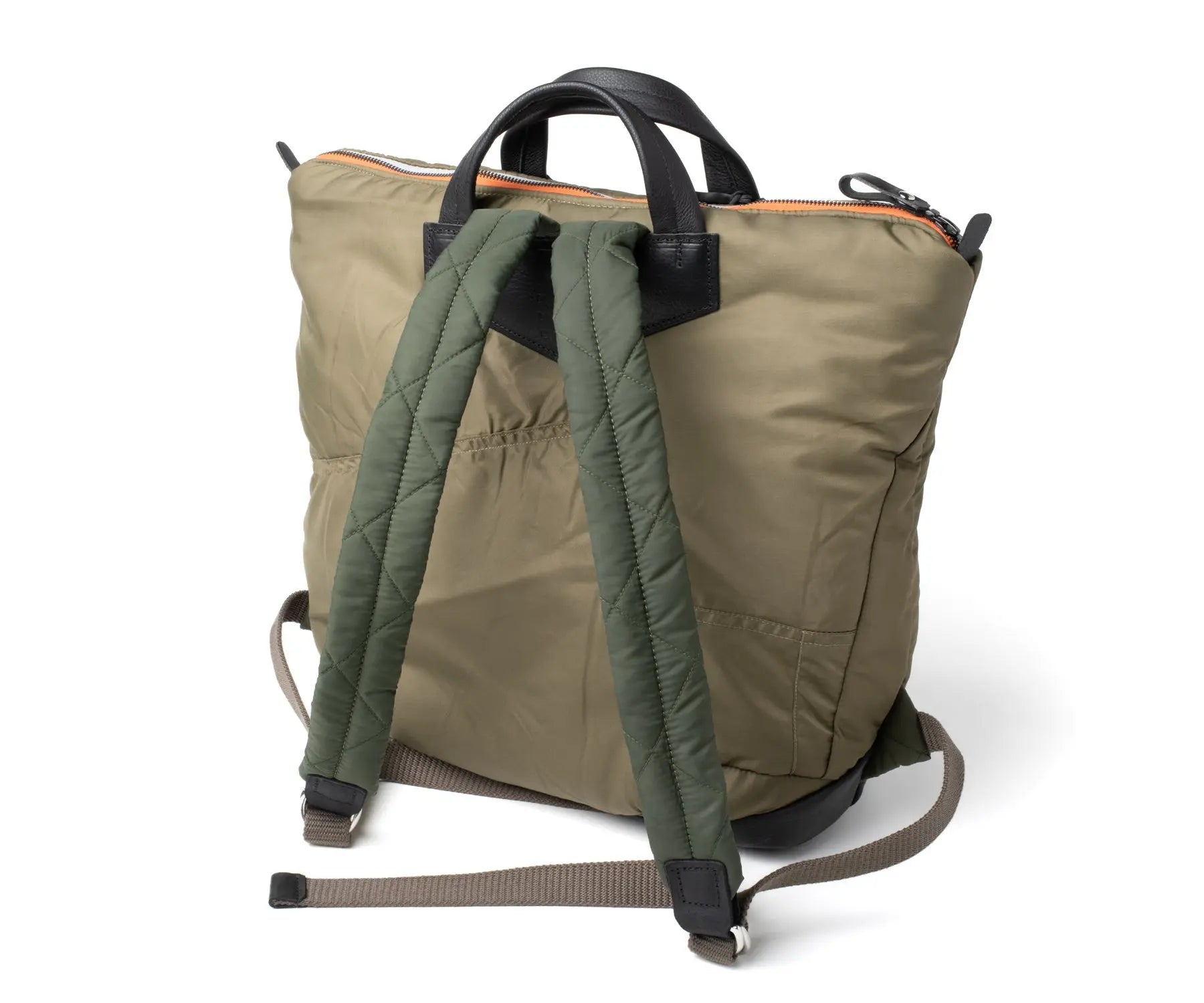Olive Khaki backpack with green straps on a white background