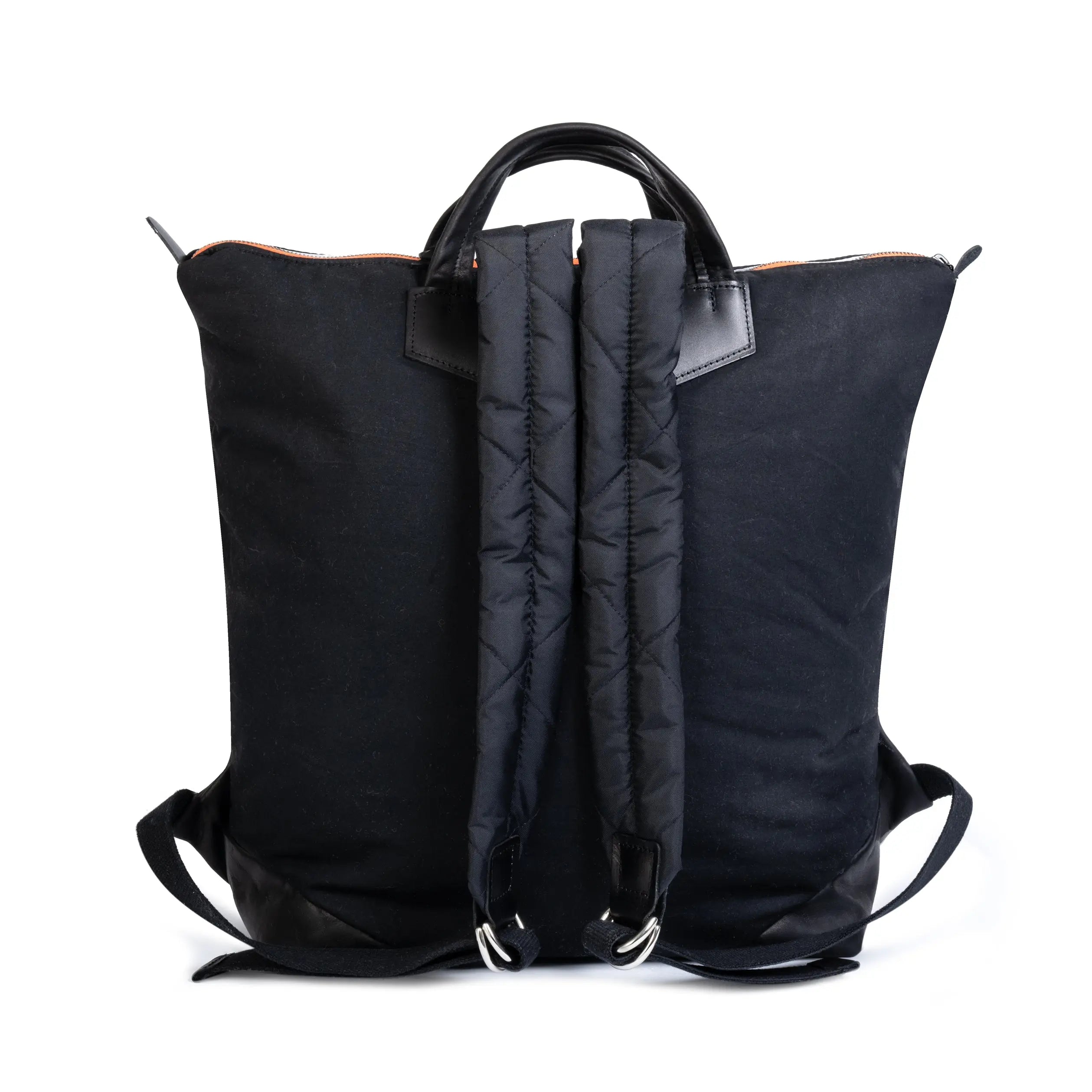 Black backpack with a rain cover on a white background