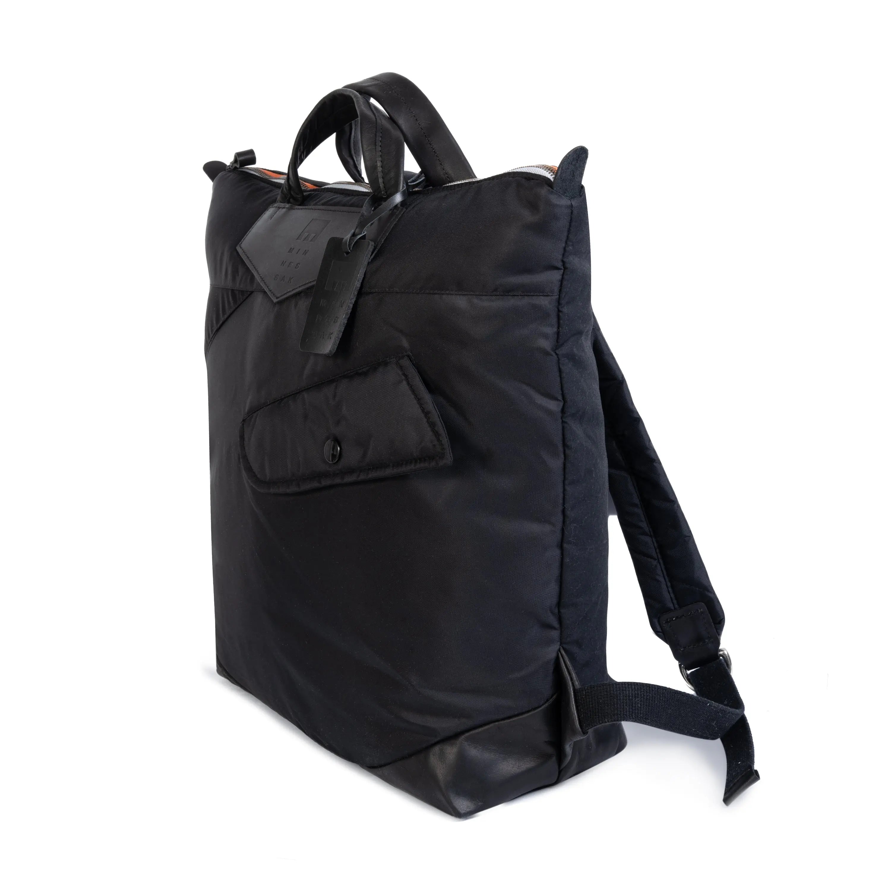 Black backpack with a visible brand tag on a white background