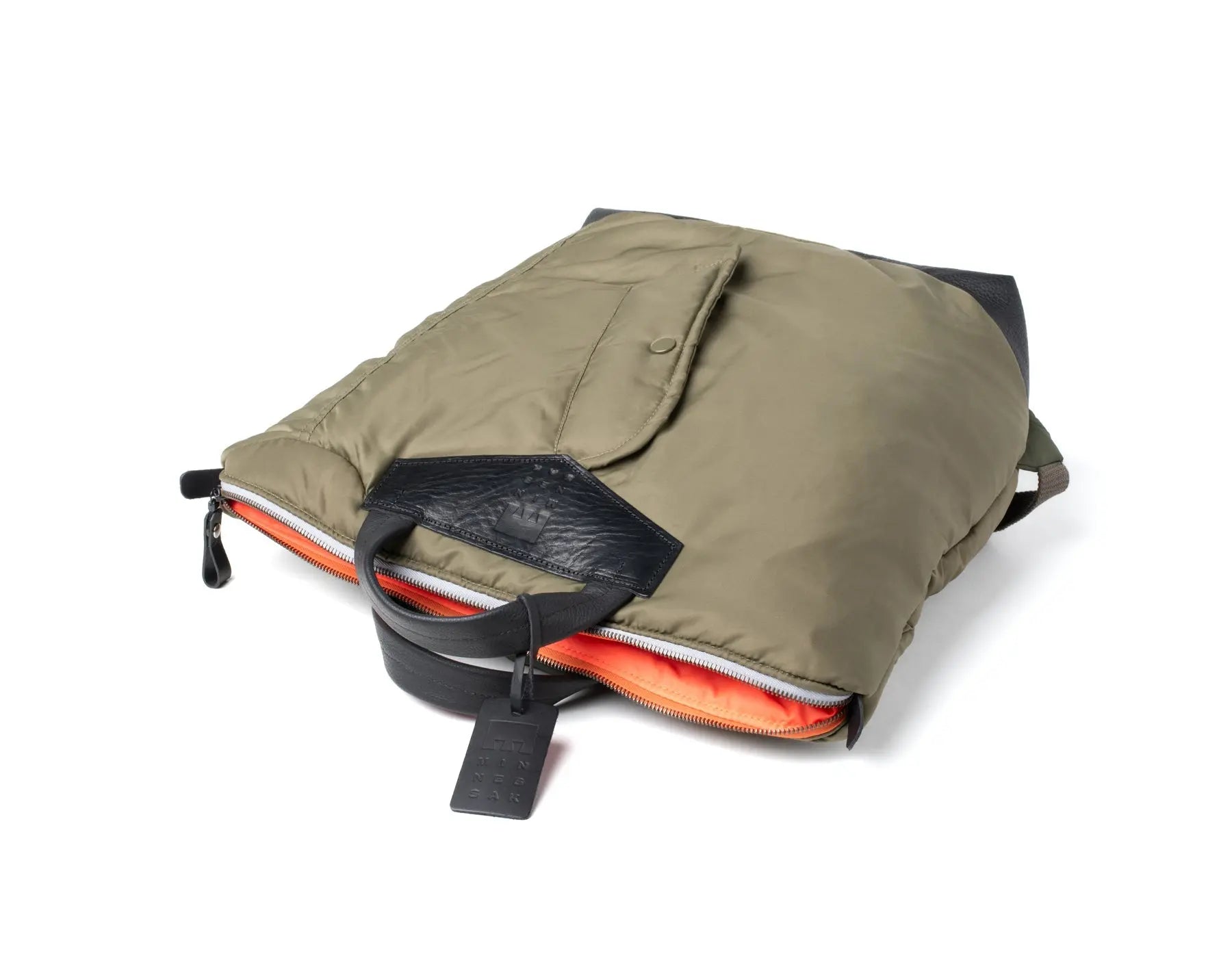 Olive backpack with orange interior on a white background