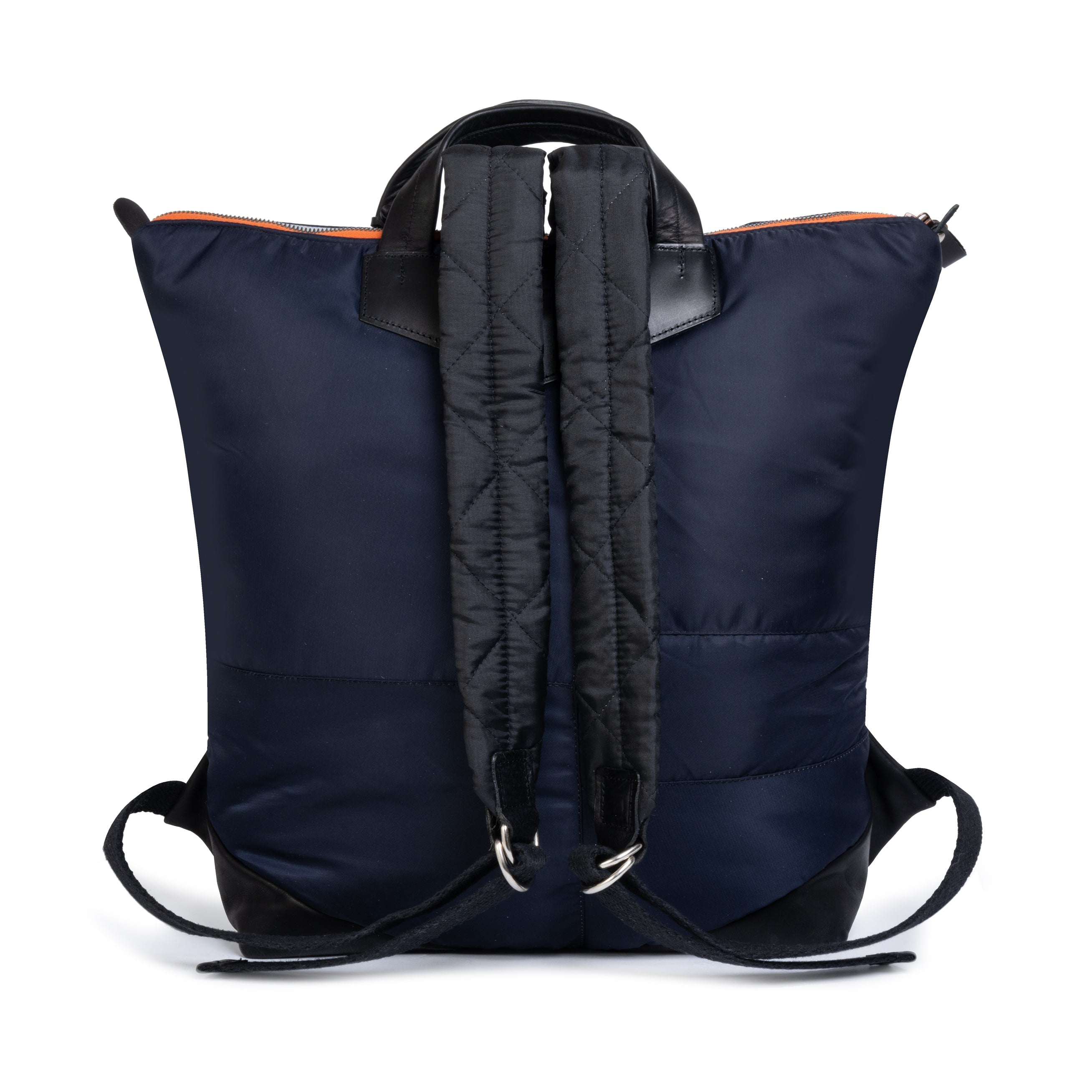 Navy blue backpack with black straps on a white background