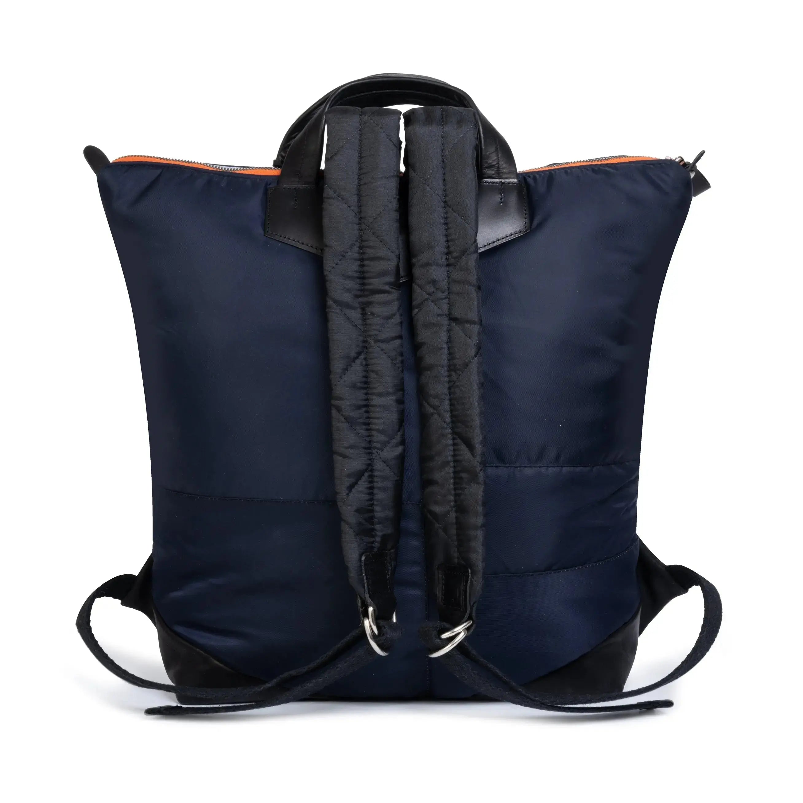 Navy blue backpack with black straps on a white background