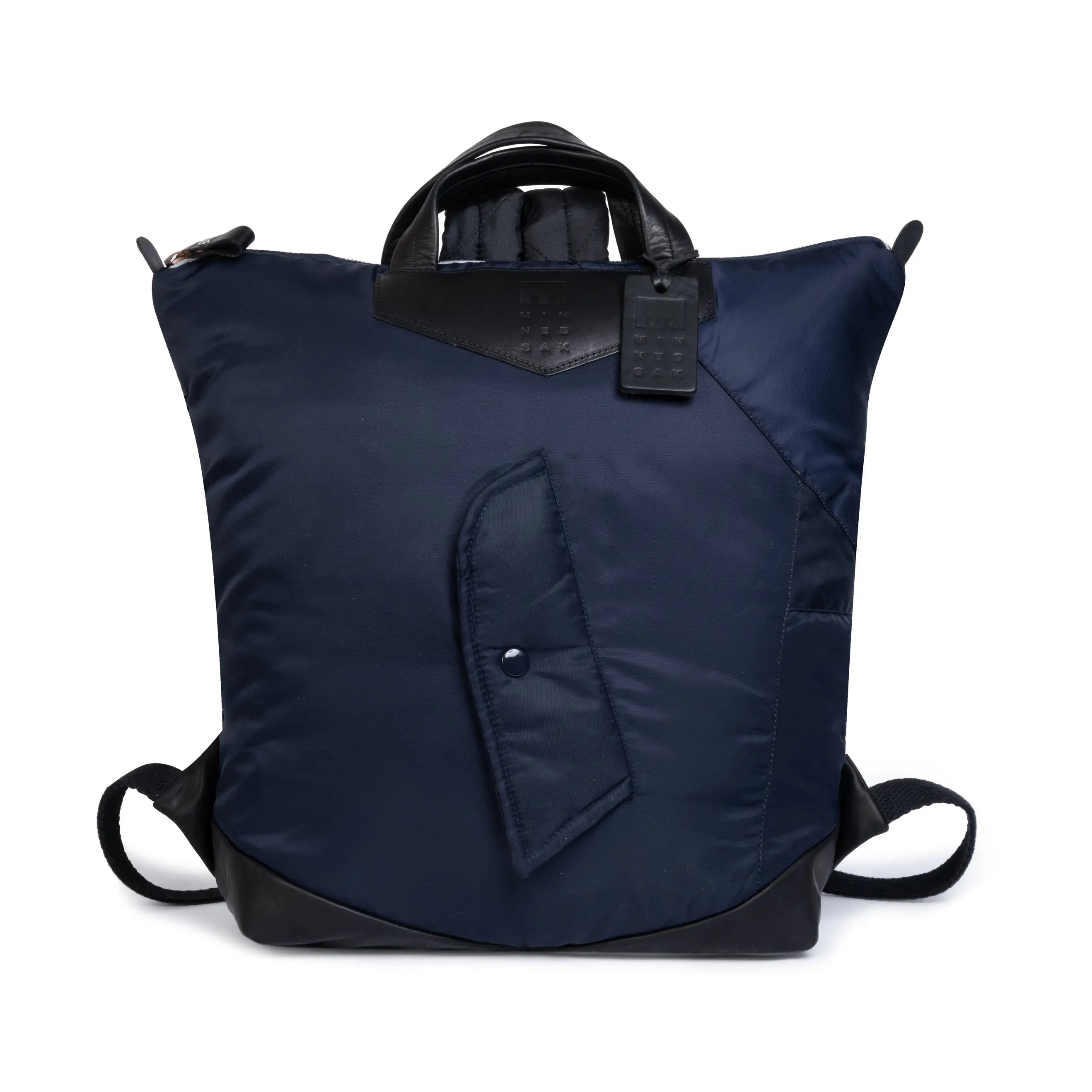 Navy blue backpack with black accents on a white background