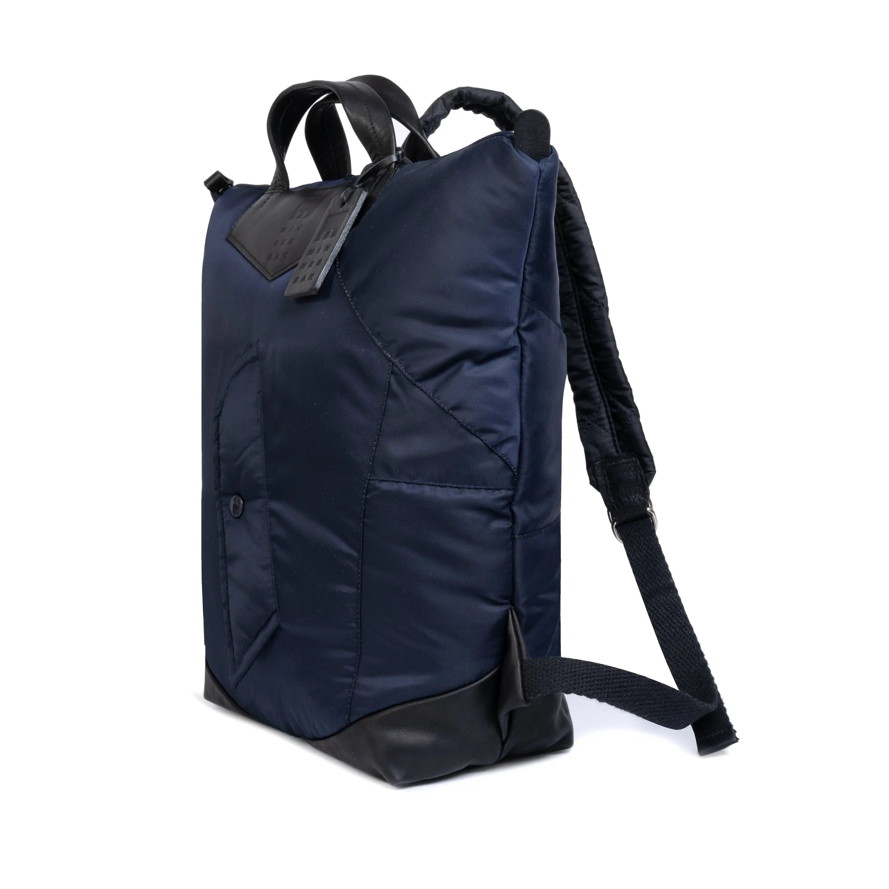 Navy blue backpack with black accents on a white background