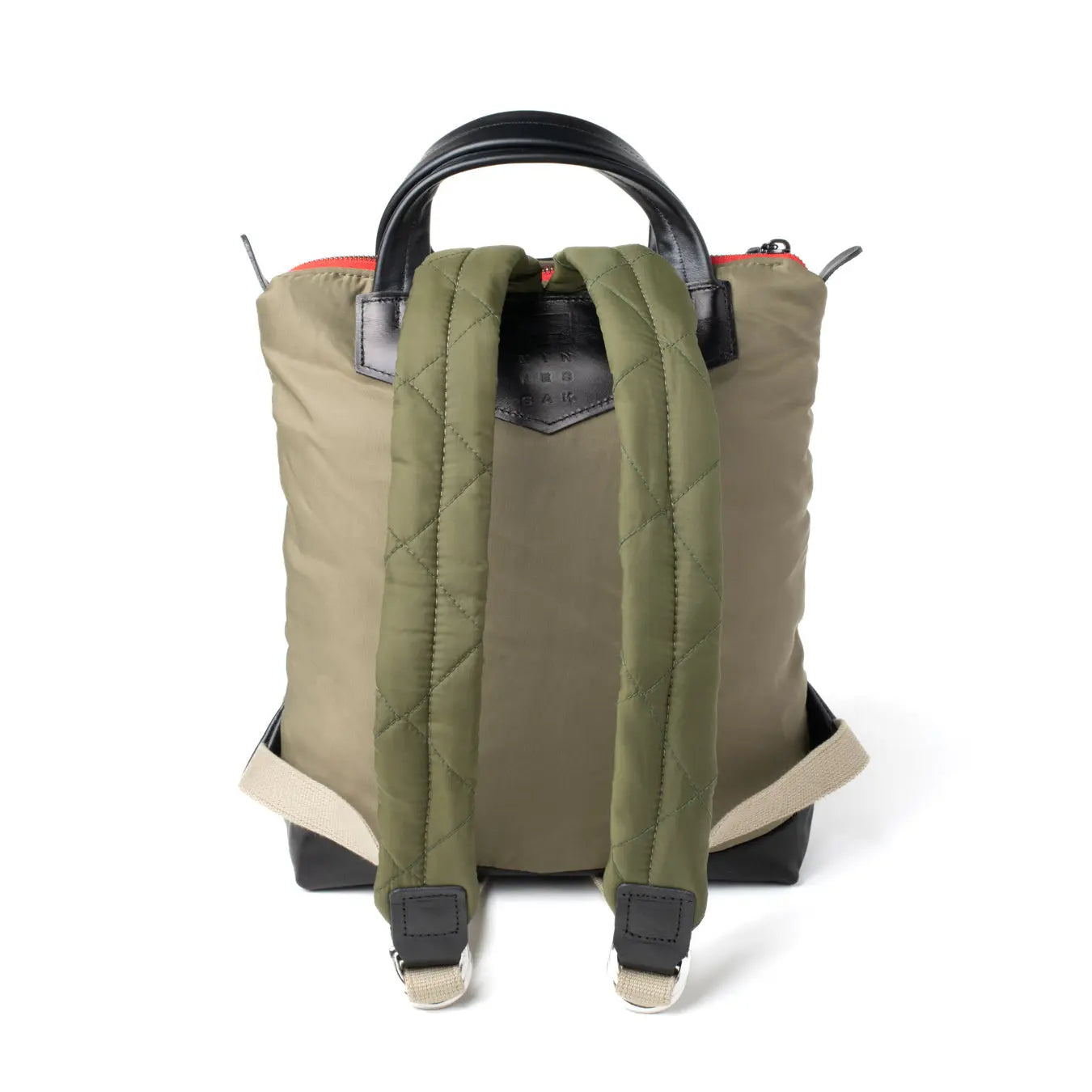 Backpack with quilted green back panel on a white background