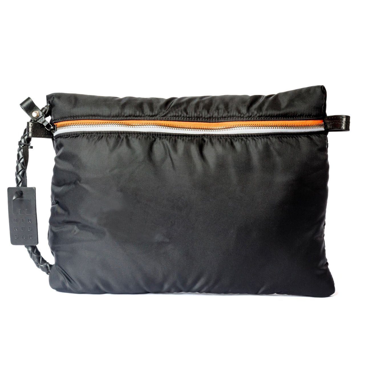 Black travel pouch with an orange zipper on a white background