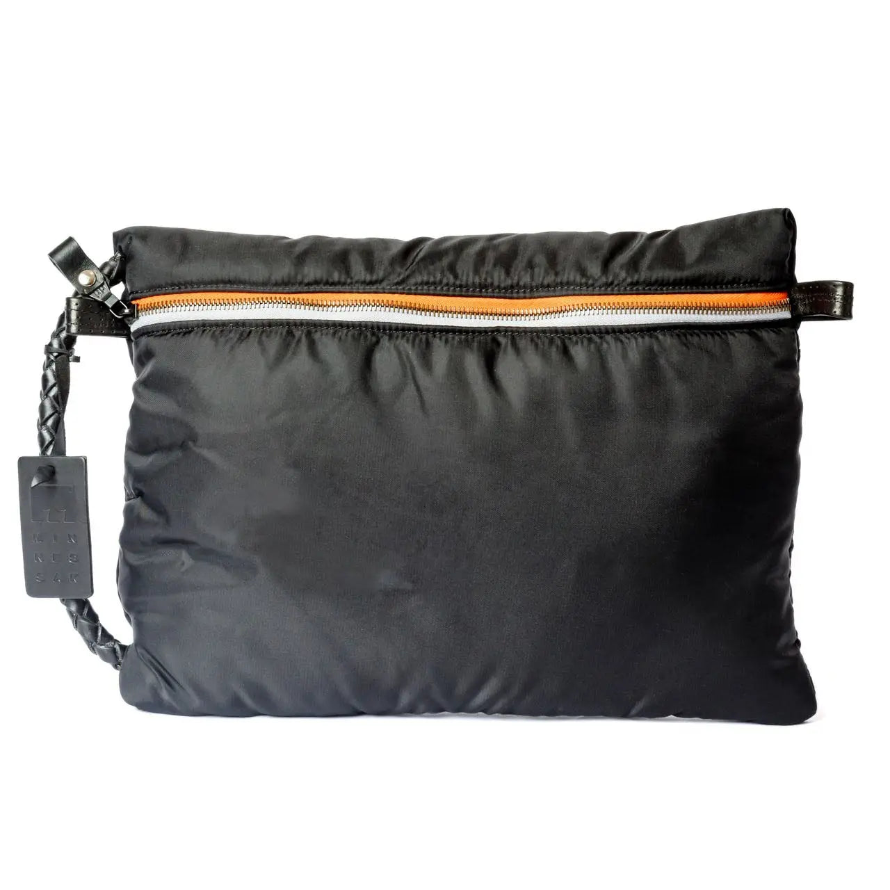 Black travel pouch with an orange zipper on a white background
