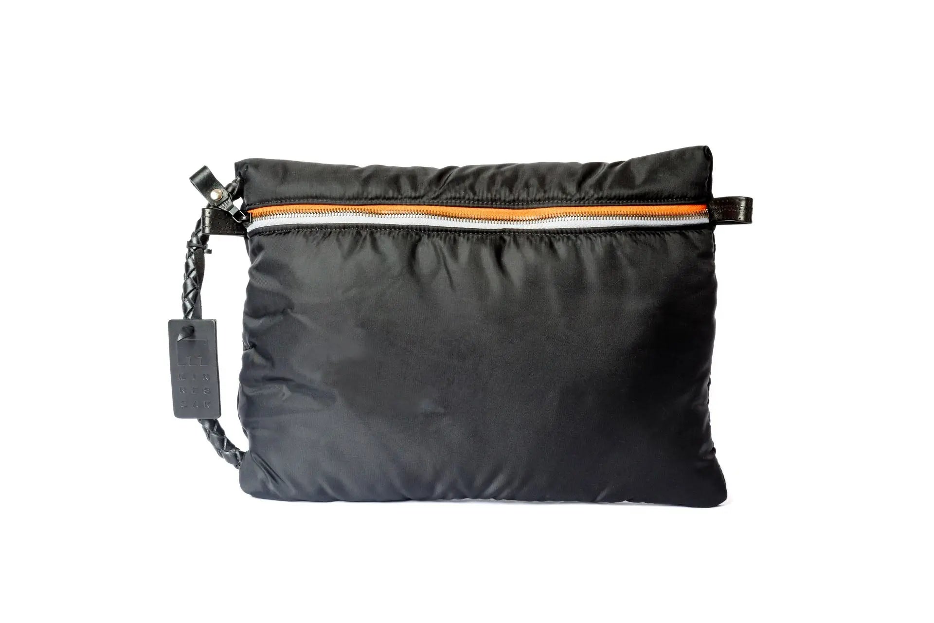 Black travel pouch with an orange zipper on a white background