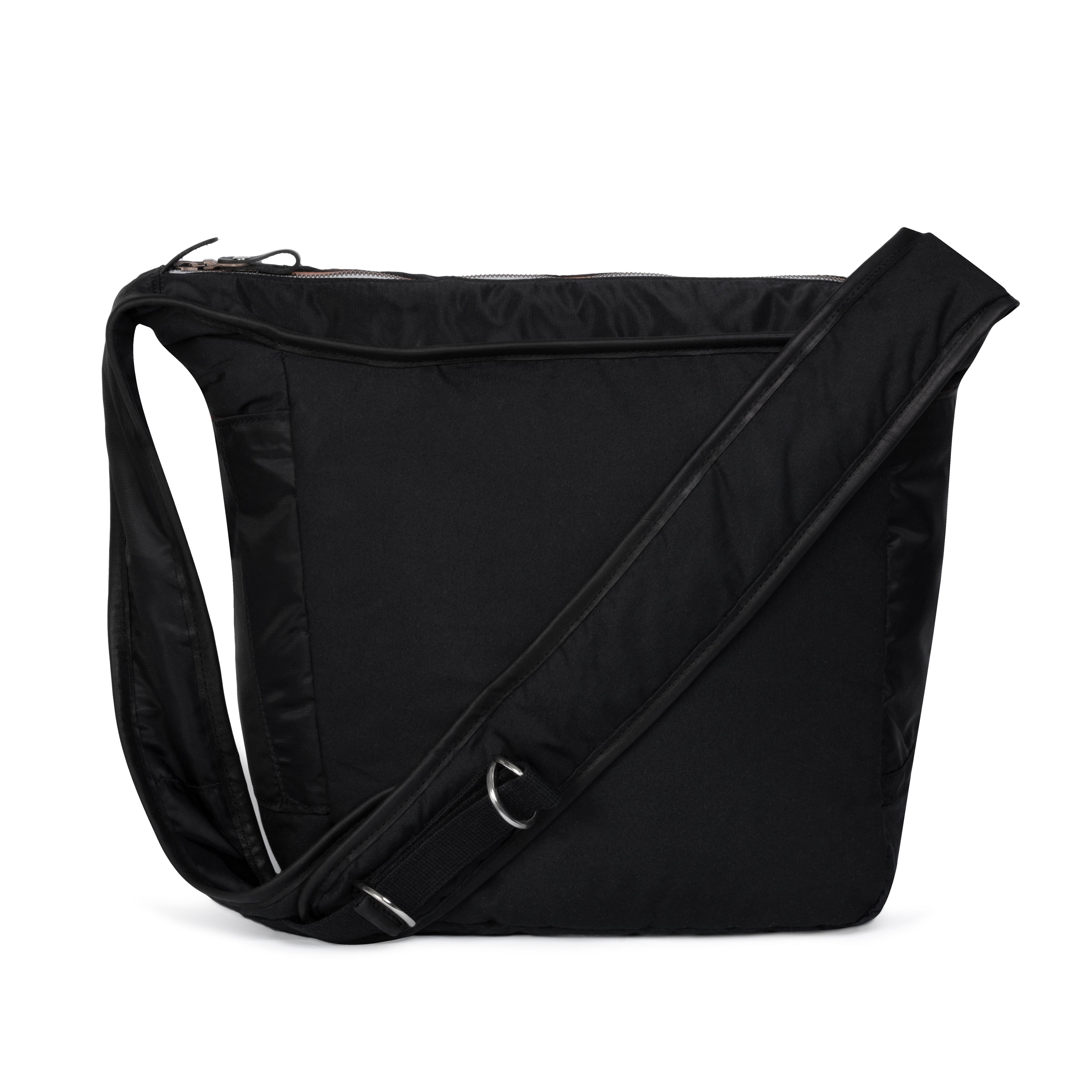 Black shoulder bag with a strap on a white background