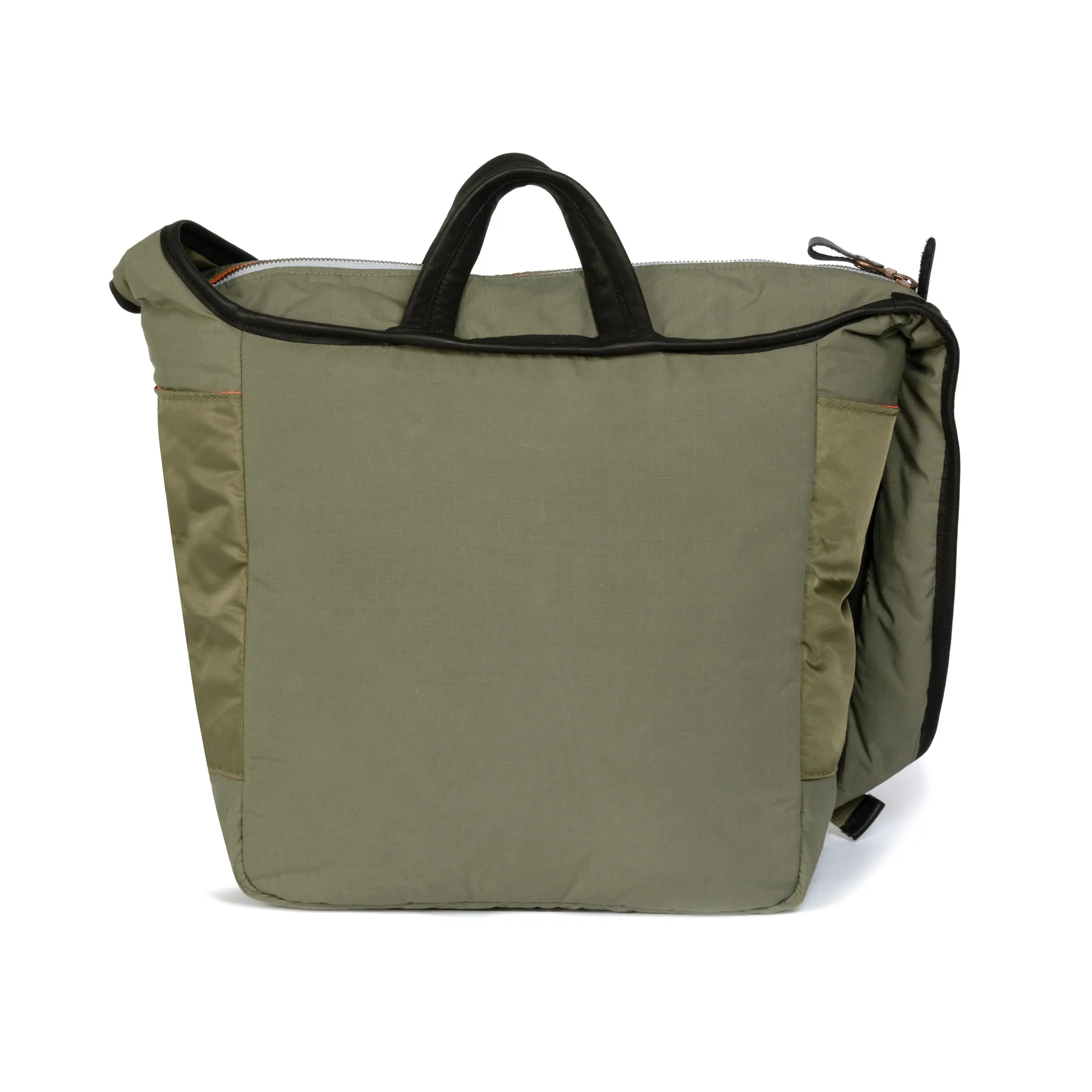 Olive backpack with black accents on a white background