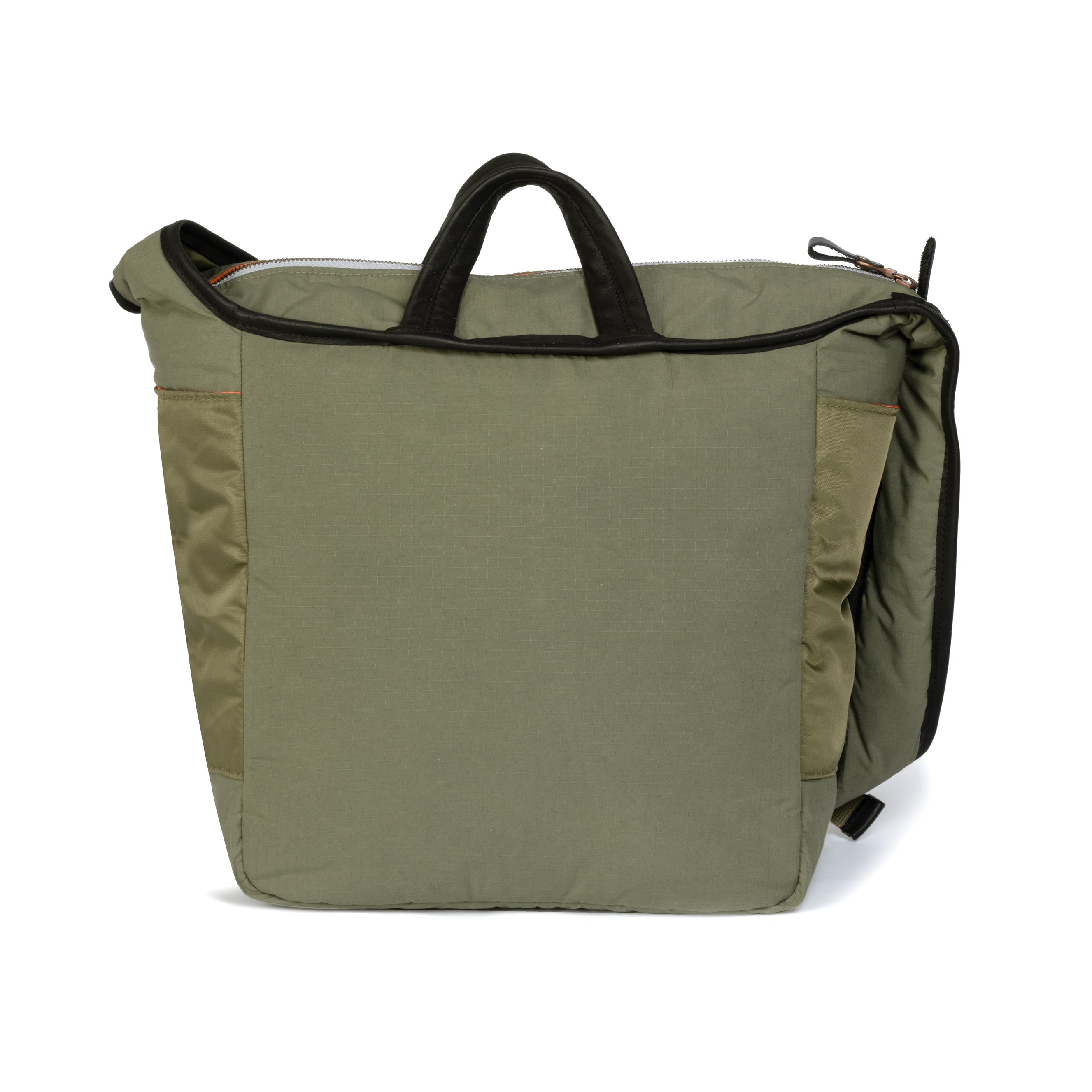 Olive backpack with black accents on a white background