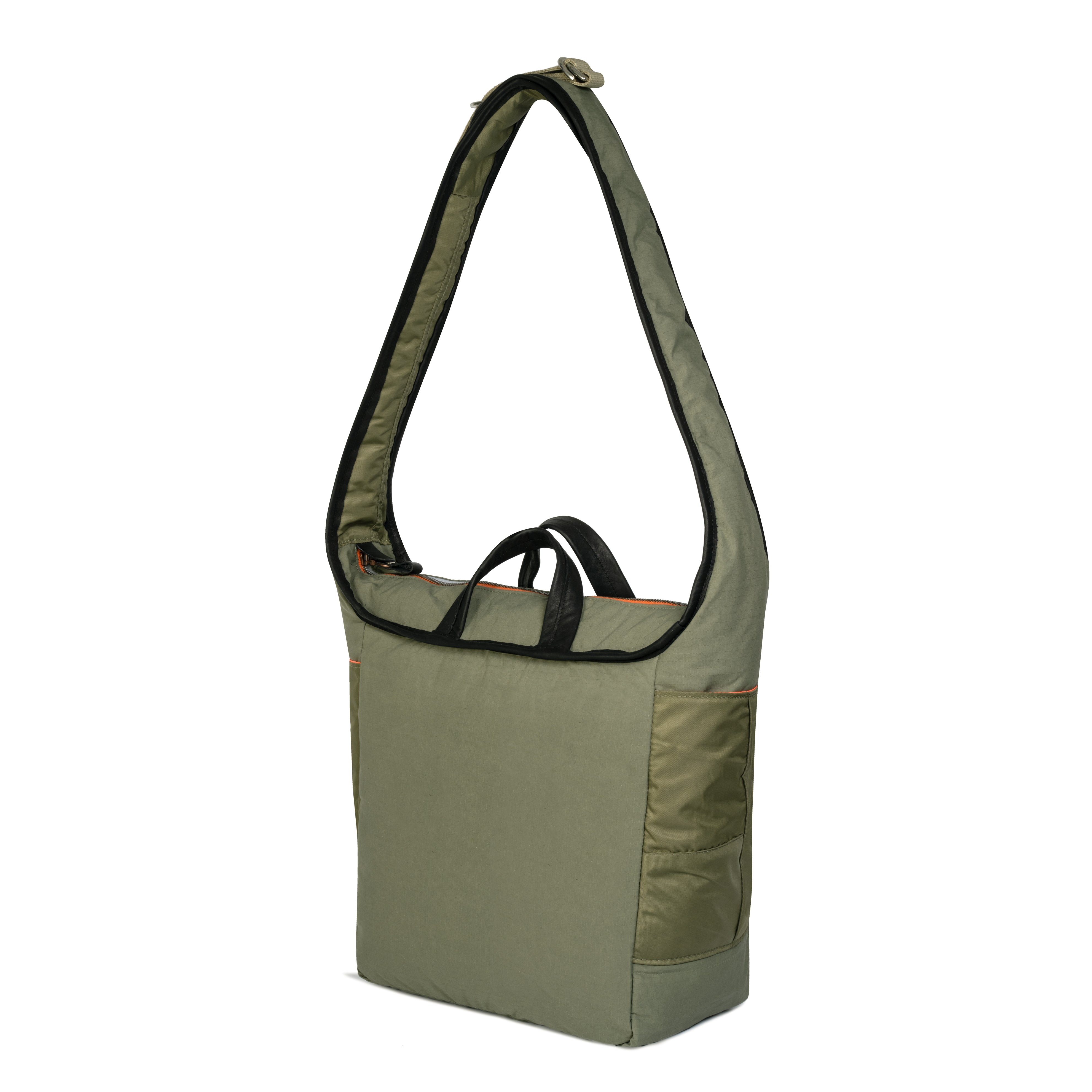Olive shoulder bag with black accents on a white background