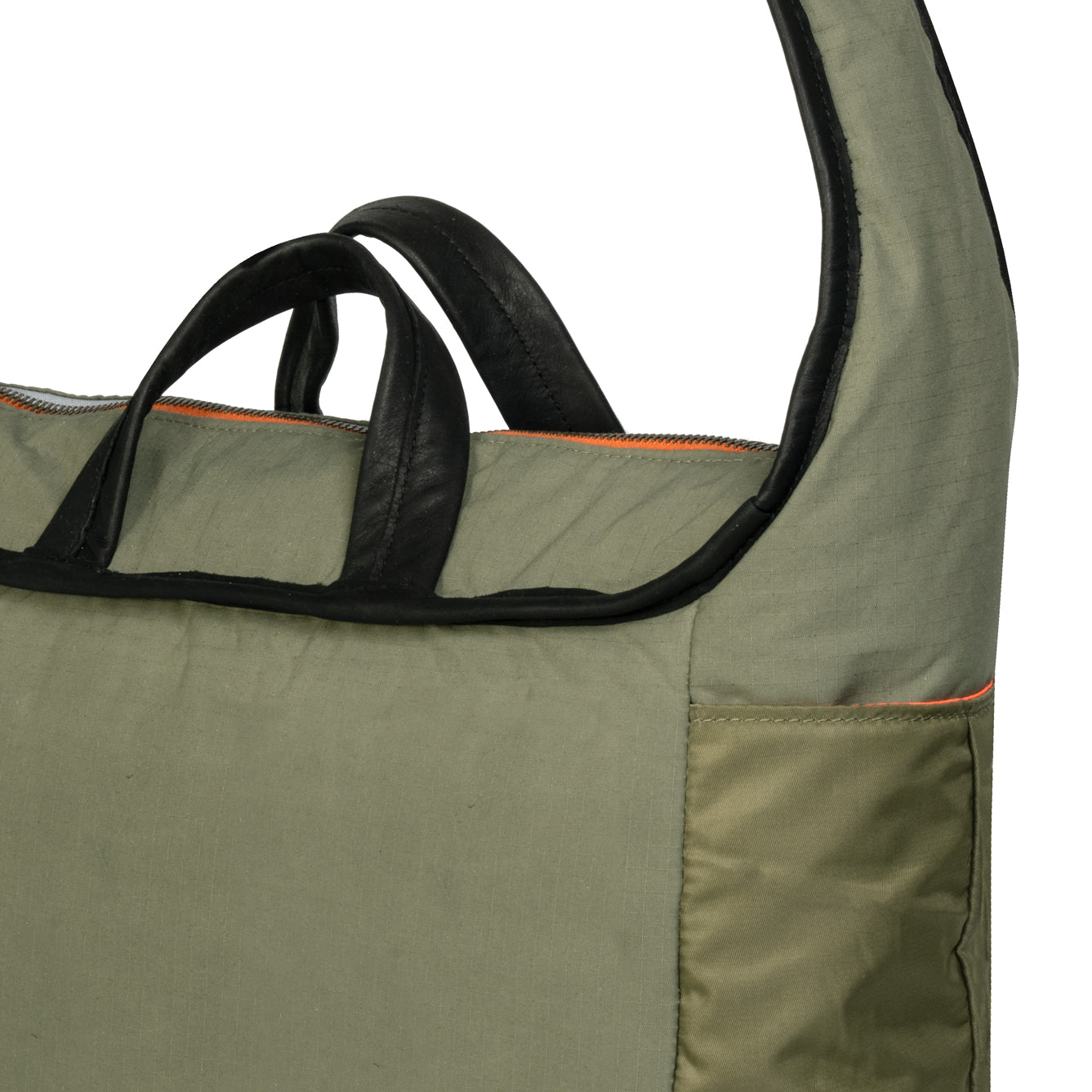 Olive bag with black handles on a white background