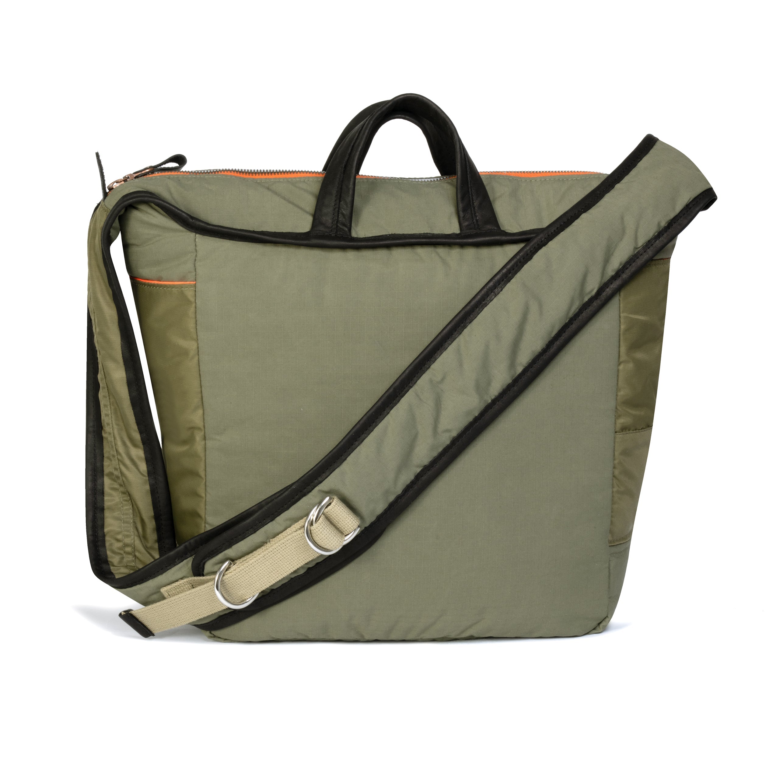 Olive bag with black trim and beige shoulder strap on a white background