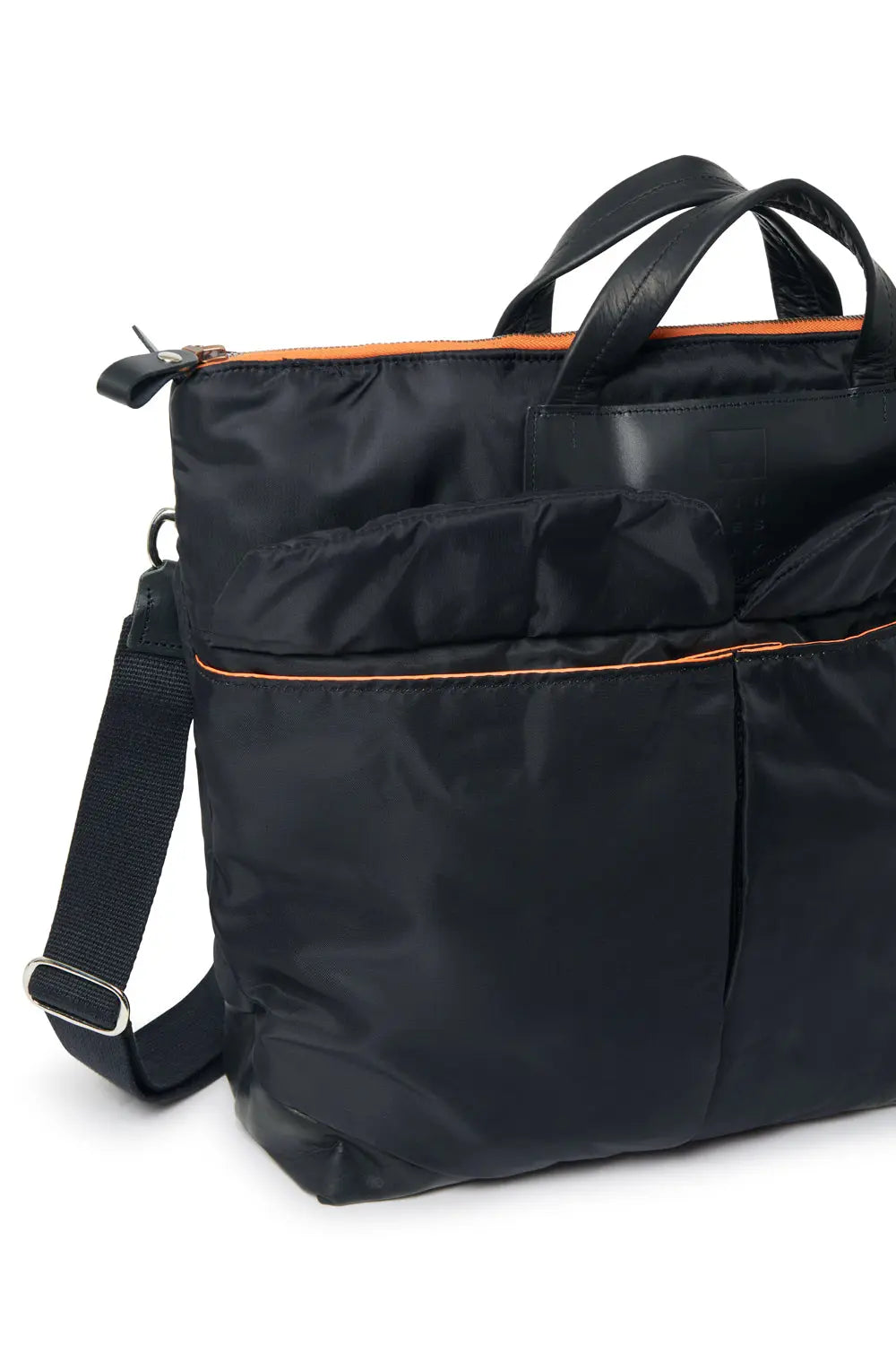 Black bag with orange zipper on a white background