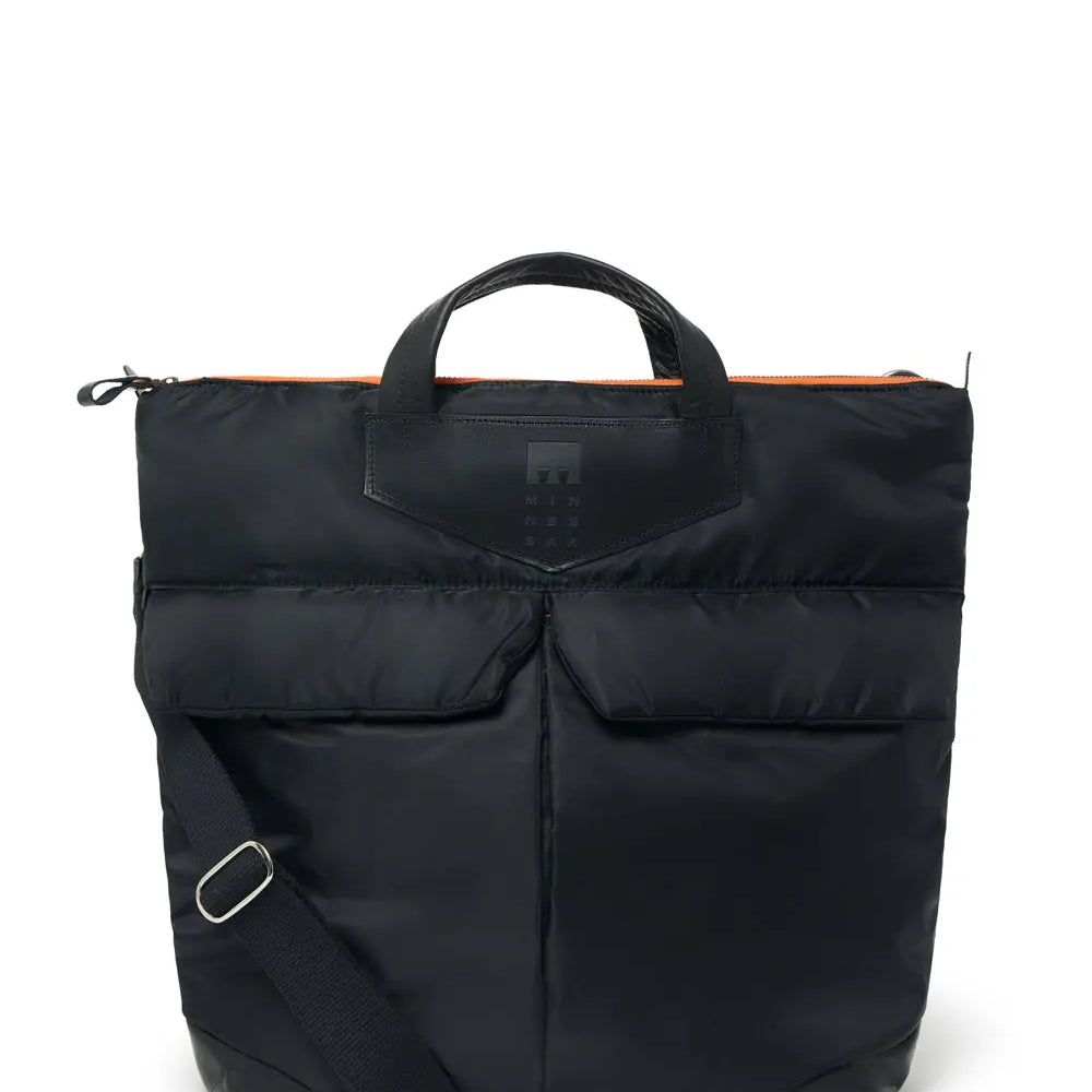 Black backpack with orange accents on a white background
