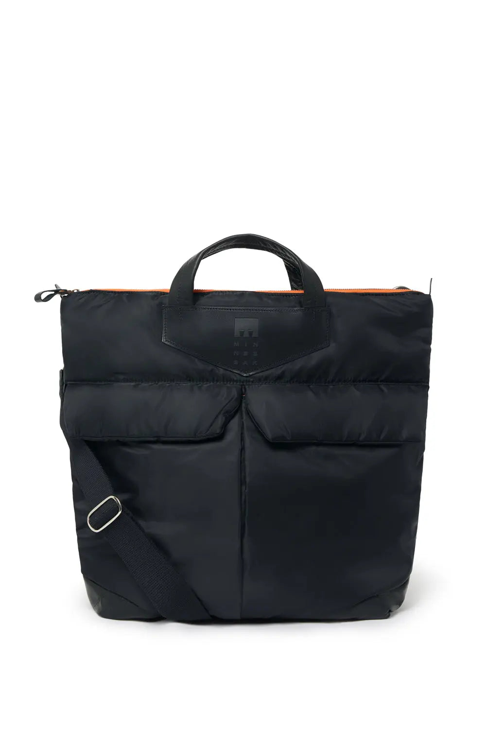 Black backpack with orange accents on a white background
