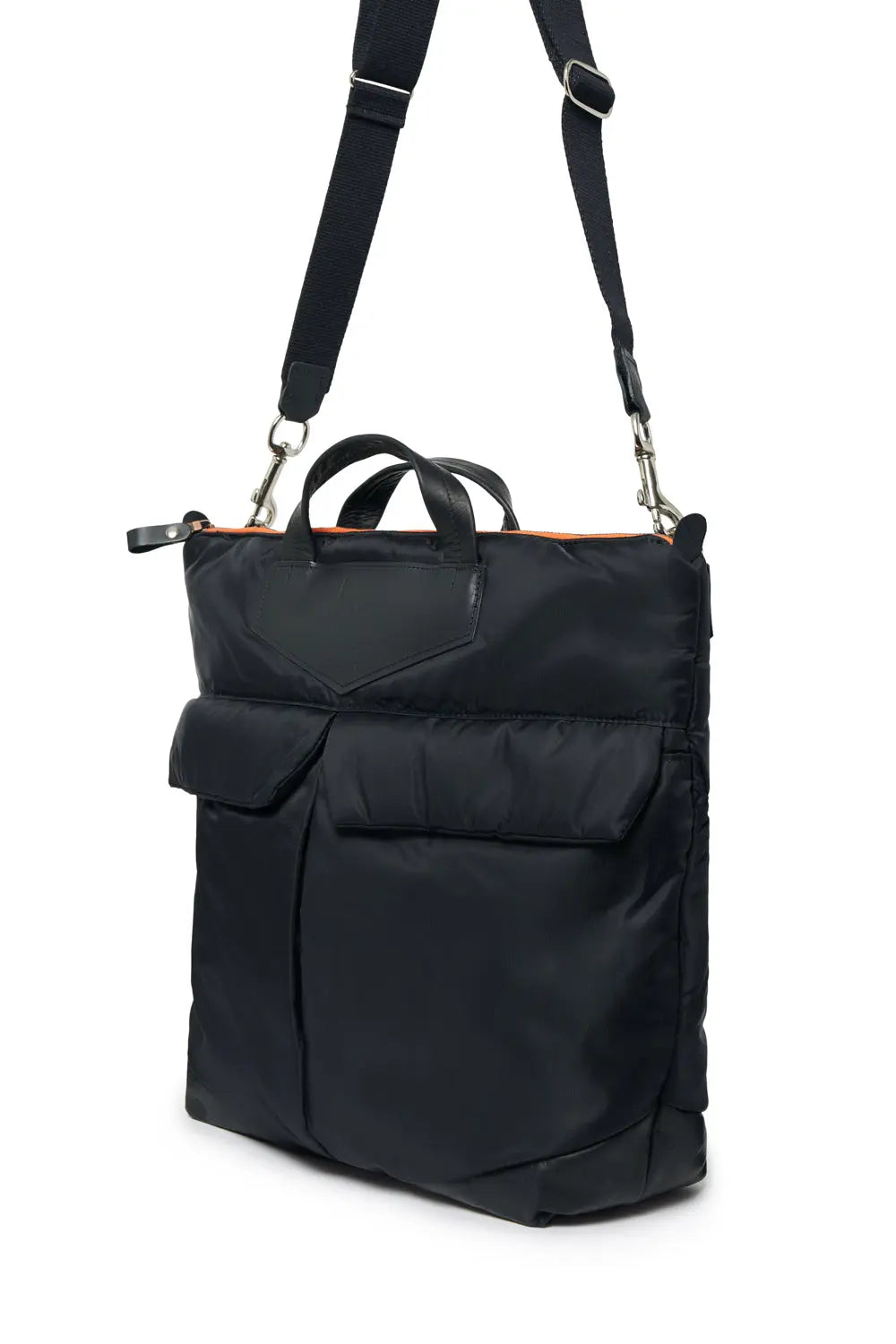 Black backpack with a strap on a white background