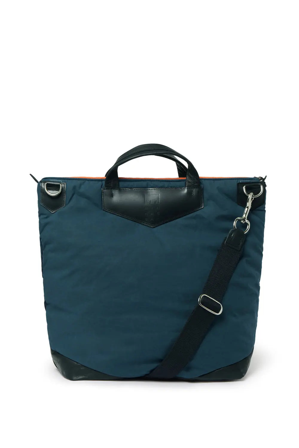 Navy tote bag with black accents on a white background