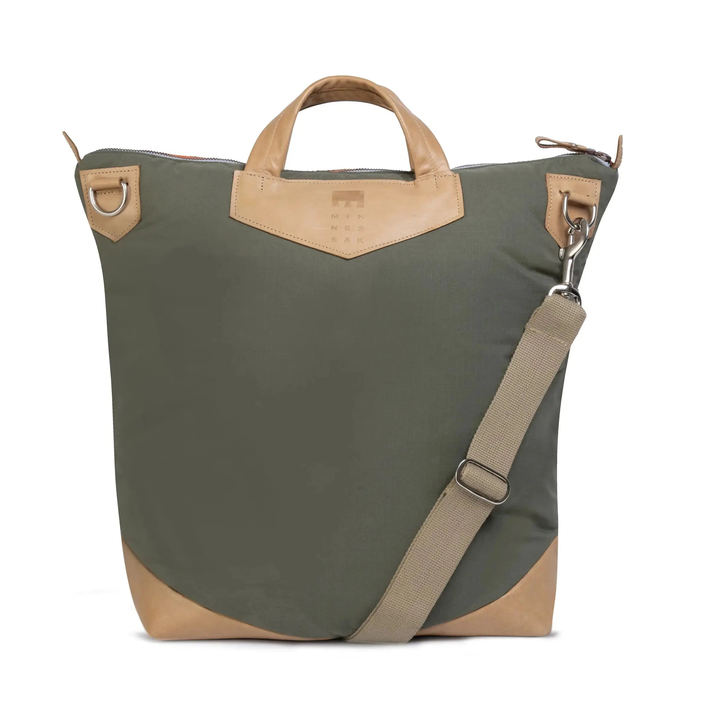 Olive and brown bag with a shoulder strap on a white background