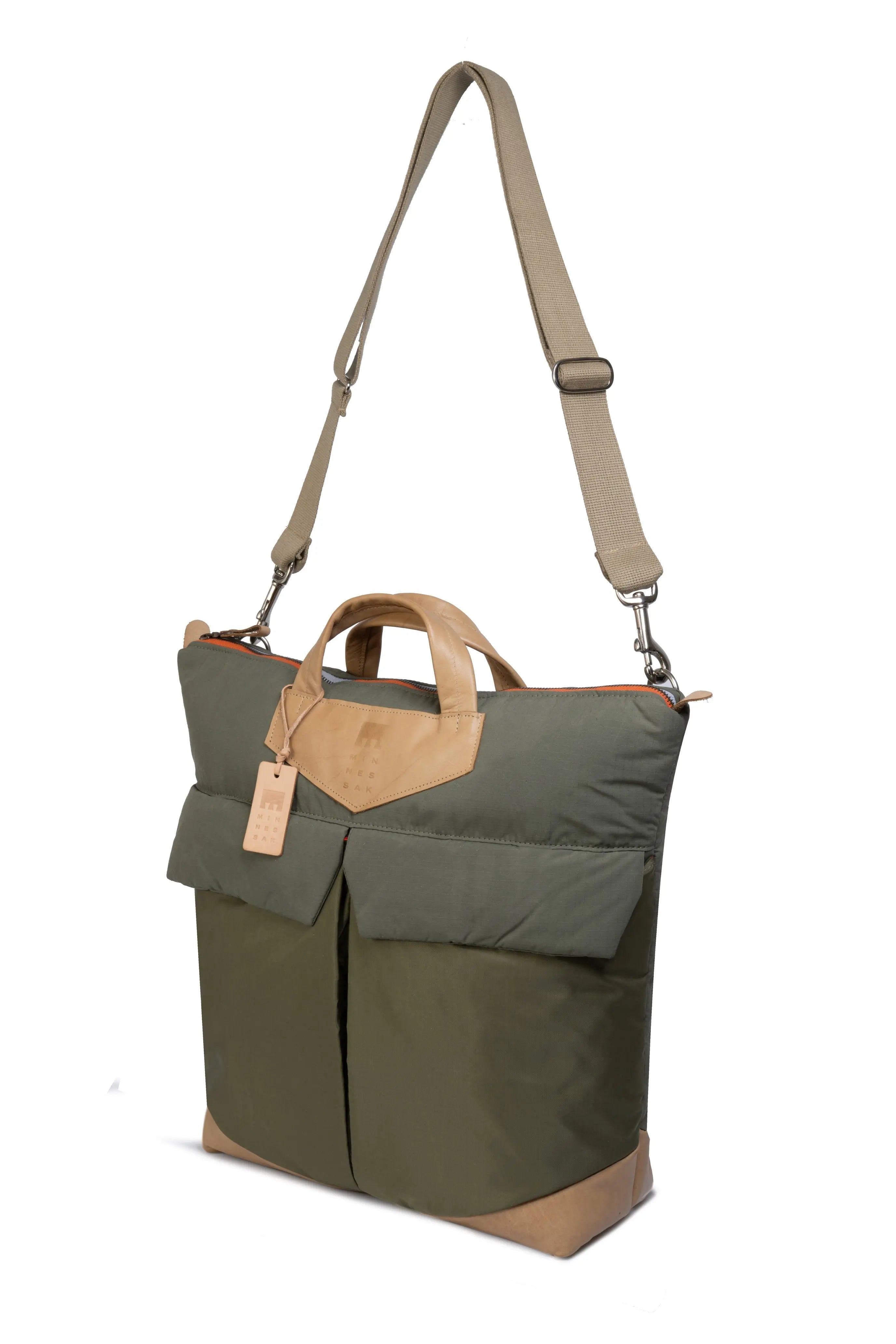 Olive and beige bag with a shoulder strap on a white background