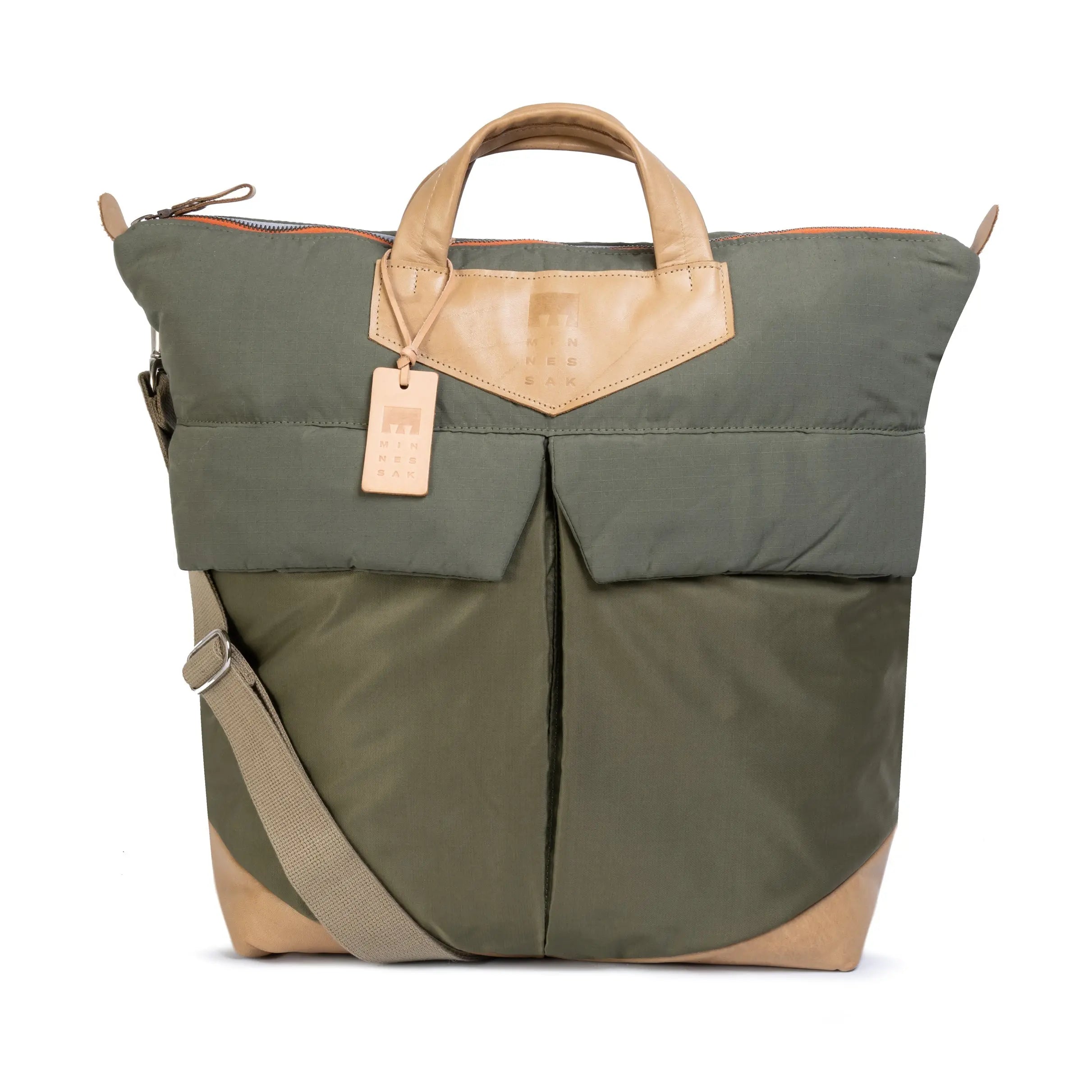 Olive and beige bag with a strap on a white background