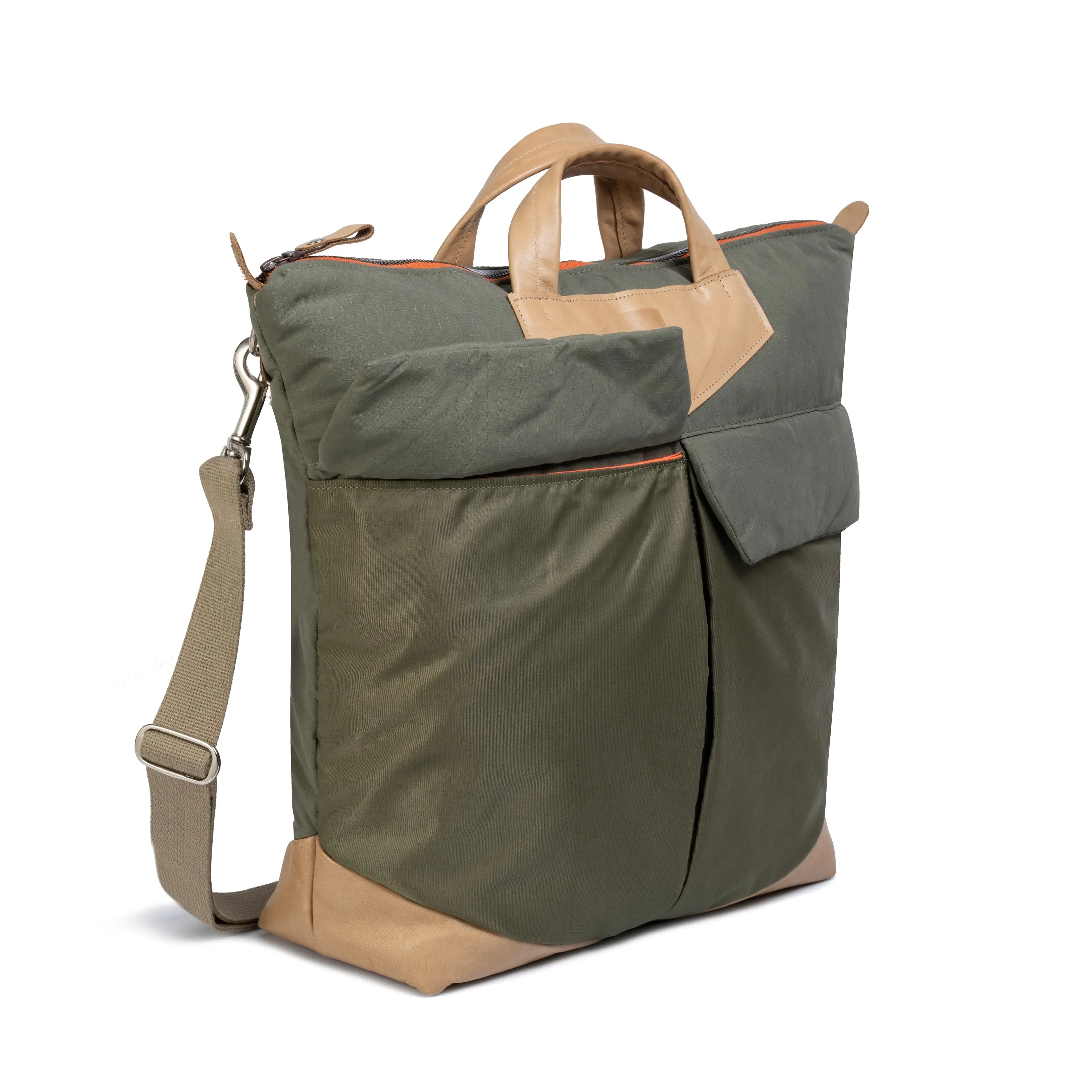 Olive and beige backpack with a shoulder strap on a white background