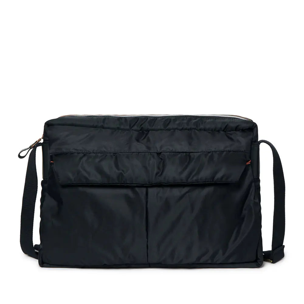 Black bag with a shoulder strap on a white background