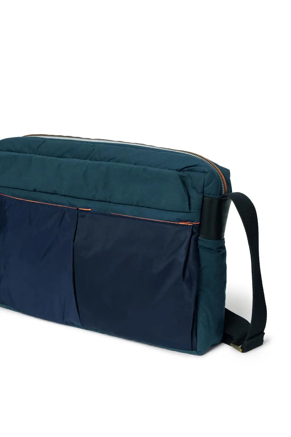 Navy and teal bag with a strap on a white background