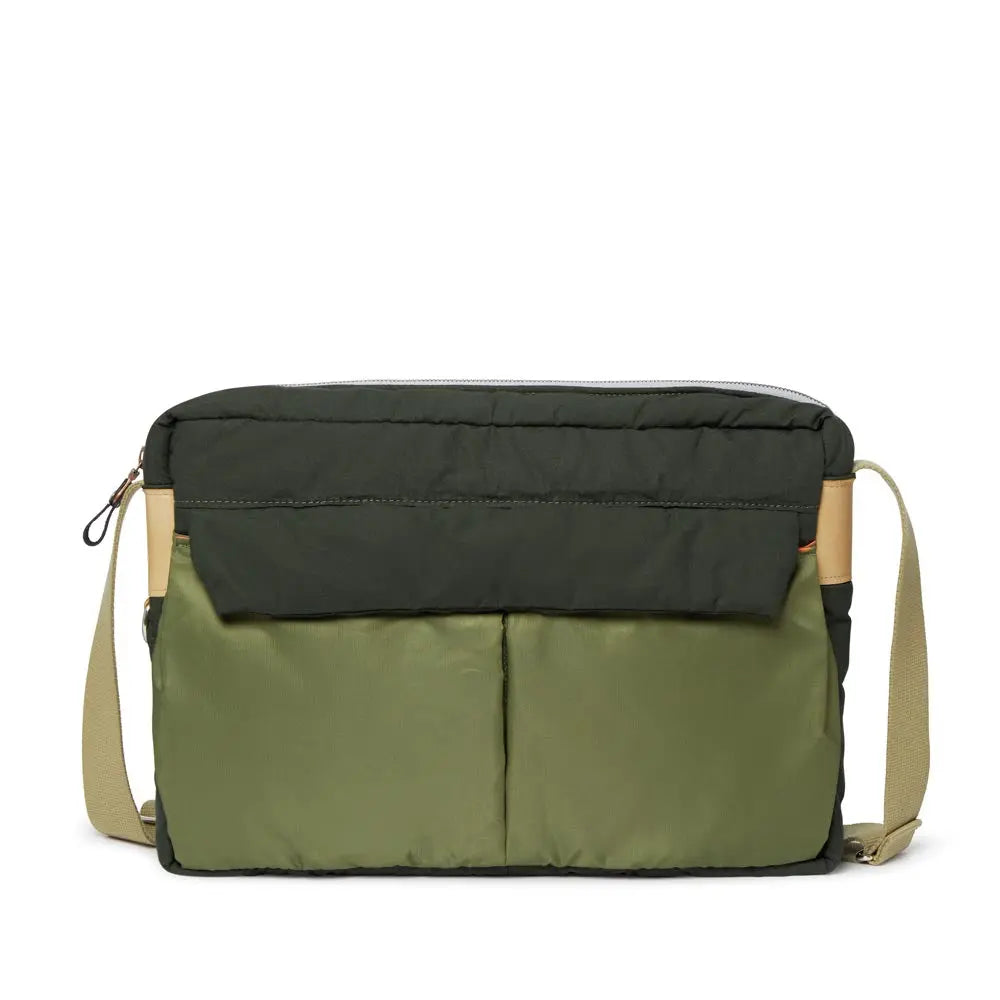 Green and gray bag with a beige strap on a white background