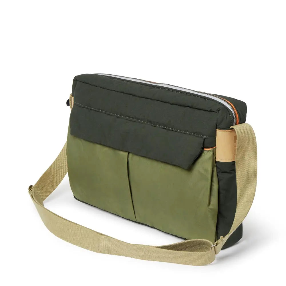 Olive and Gray bag with a shoulder strap on a white background
