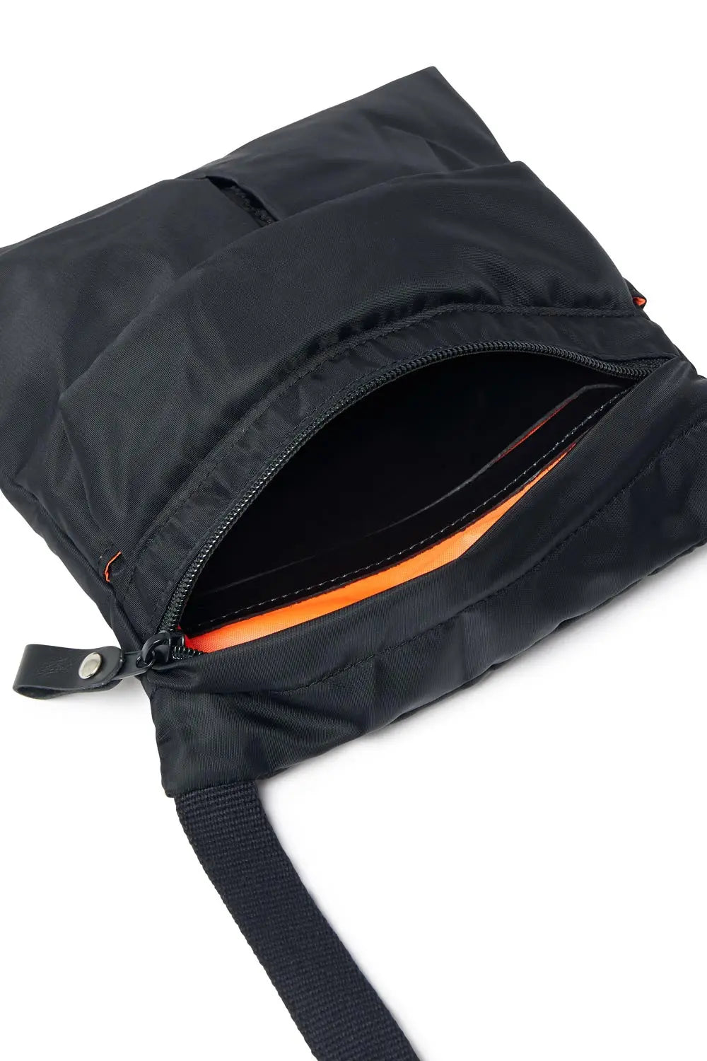 Black bag with orange interior on a white background