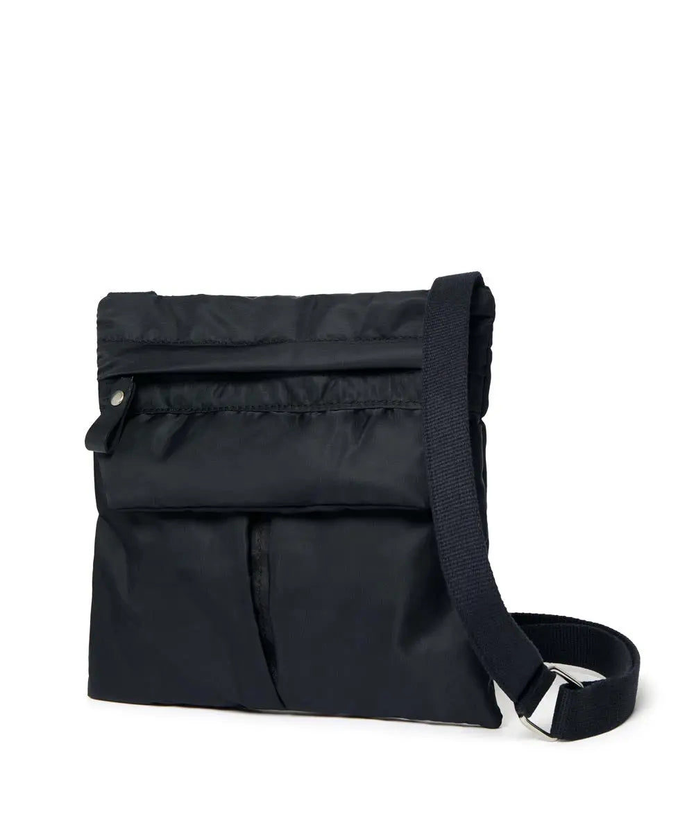 Black crossbody bag on a white background