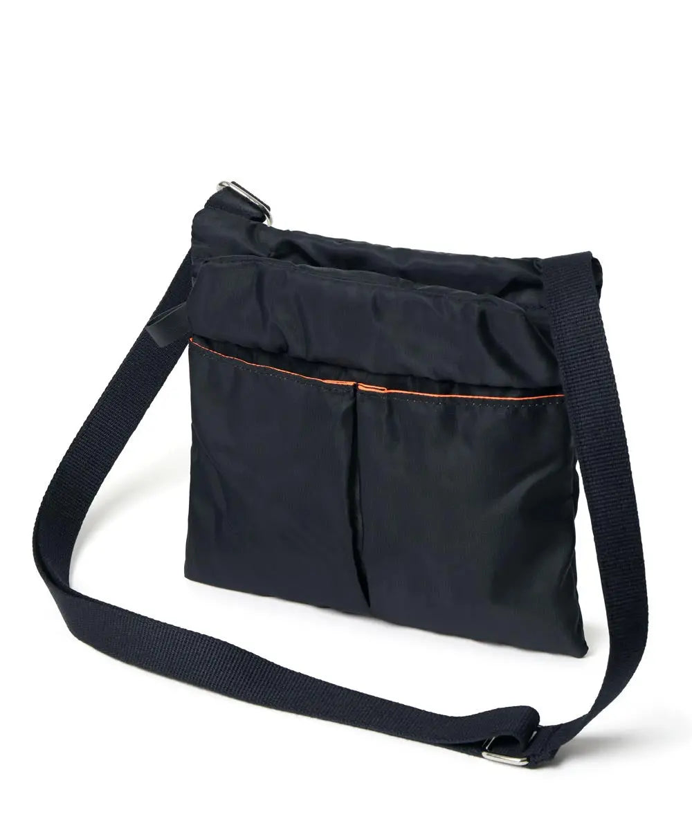 Black shoulder bag with a strap on a white background