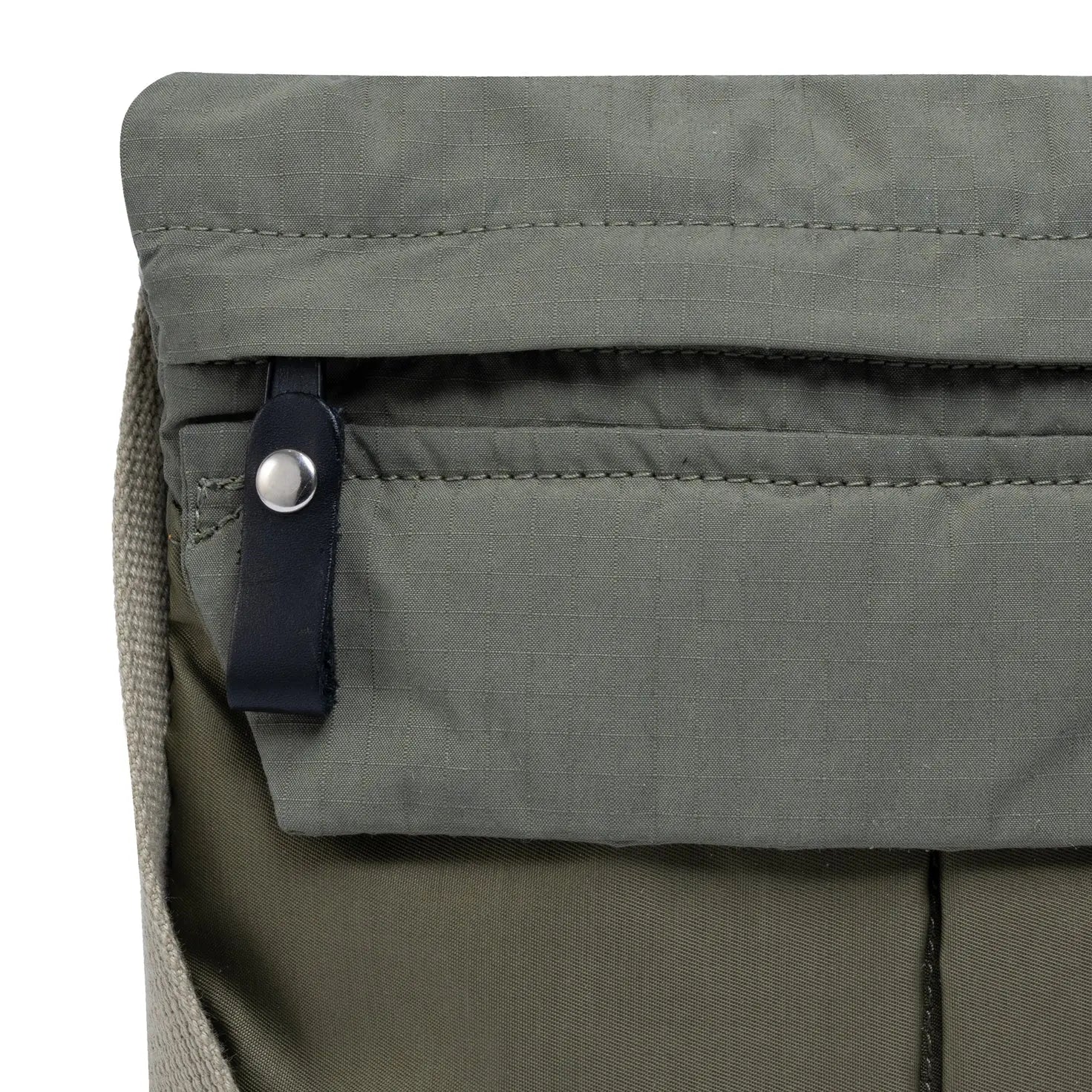 Close-up of an Olive backpack with a zipper detail on a white background