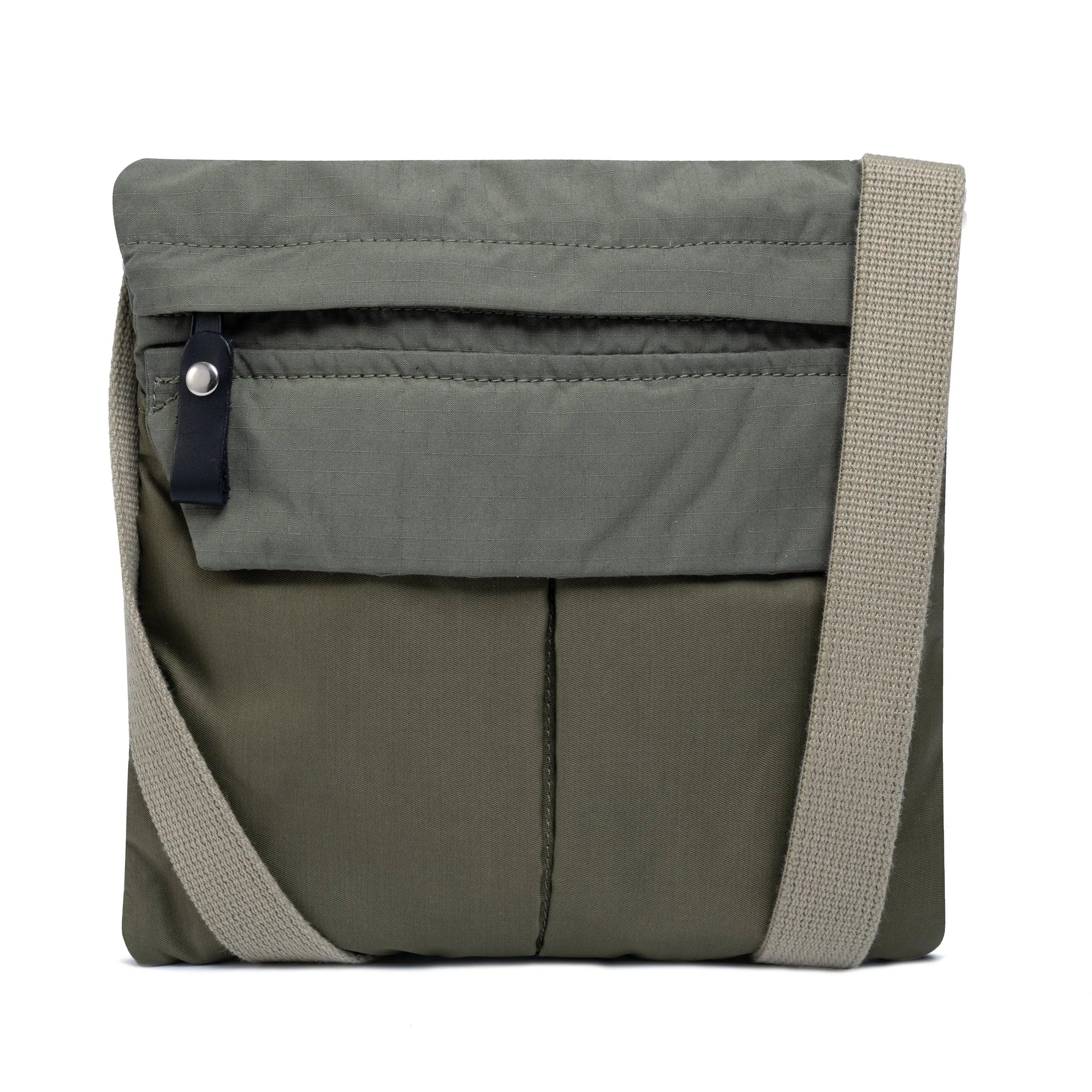 Olive and gray crossbody bag on a white background