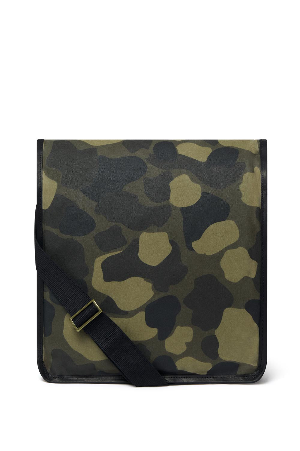 Camouflage-patterned bag with a black strap on a white background