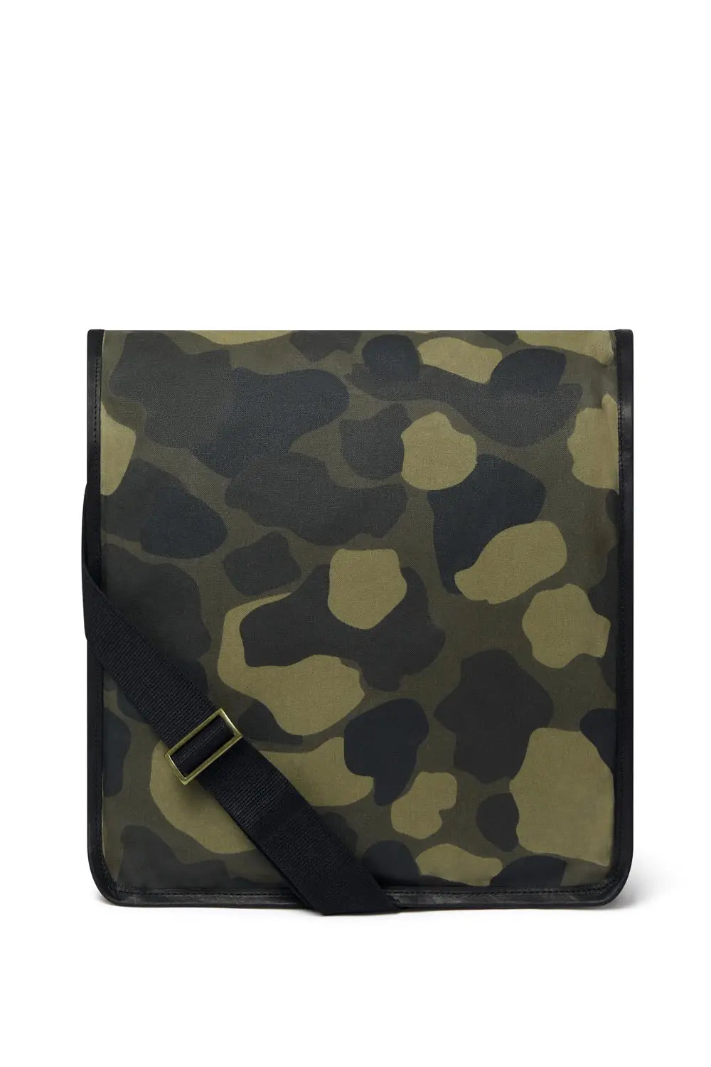 Camouflage-patterned bag with a black strap on a white background