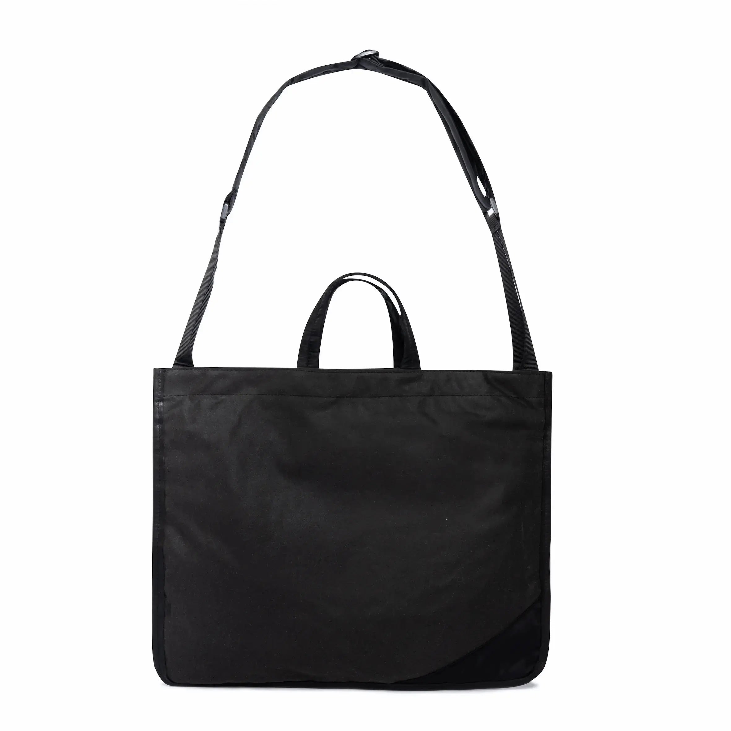 Black medium size tote bag with strap on white background