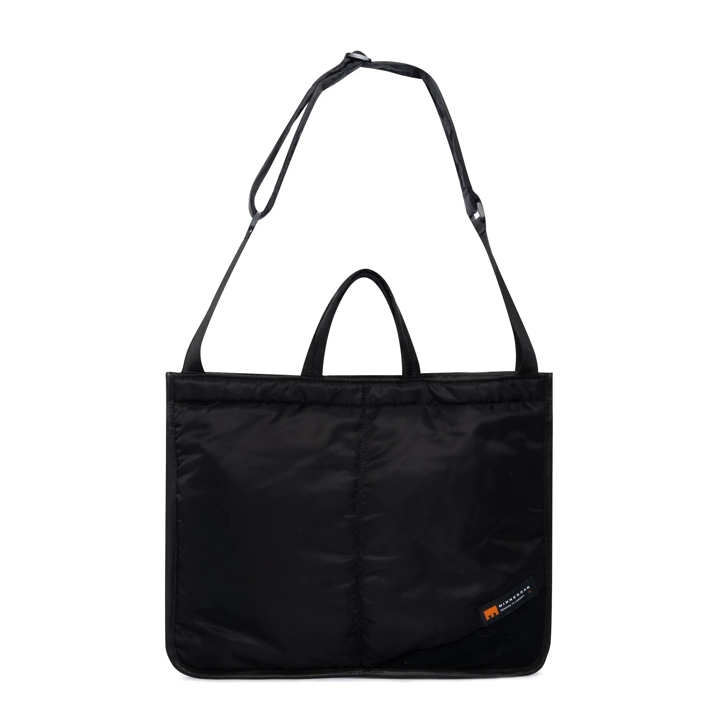 Black medium size tote bag with strap on white background