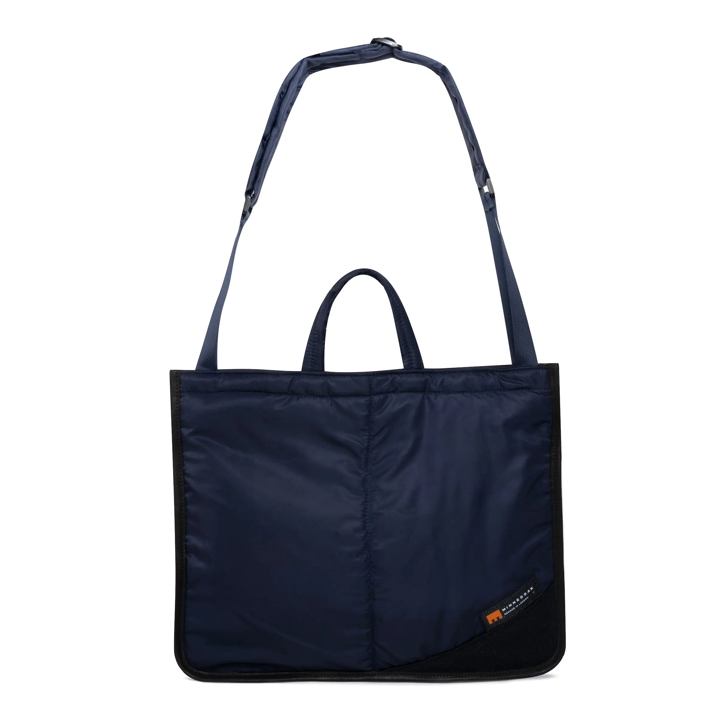 Navy blue medium size tote bag with shoulder strap and Minnessak logo on white background