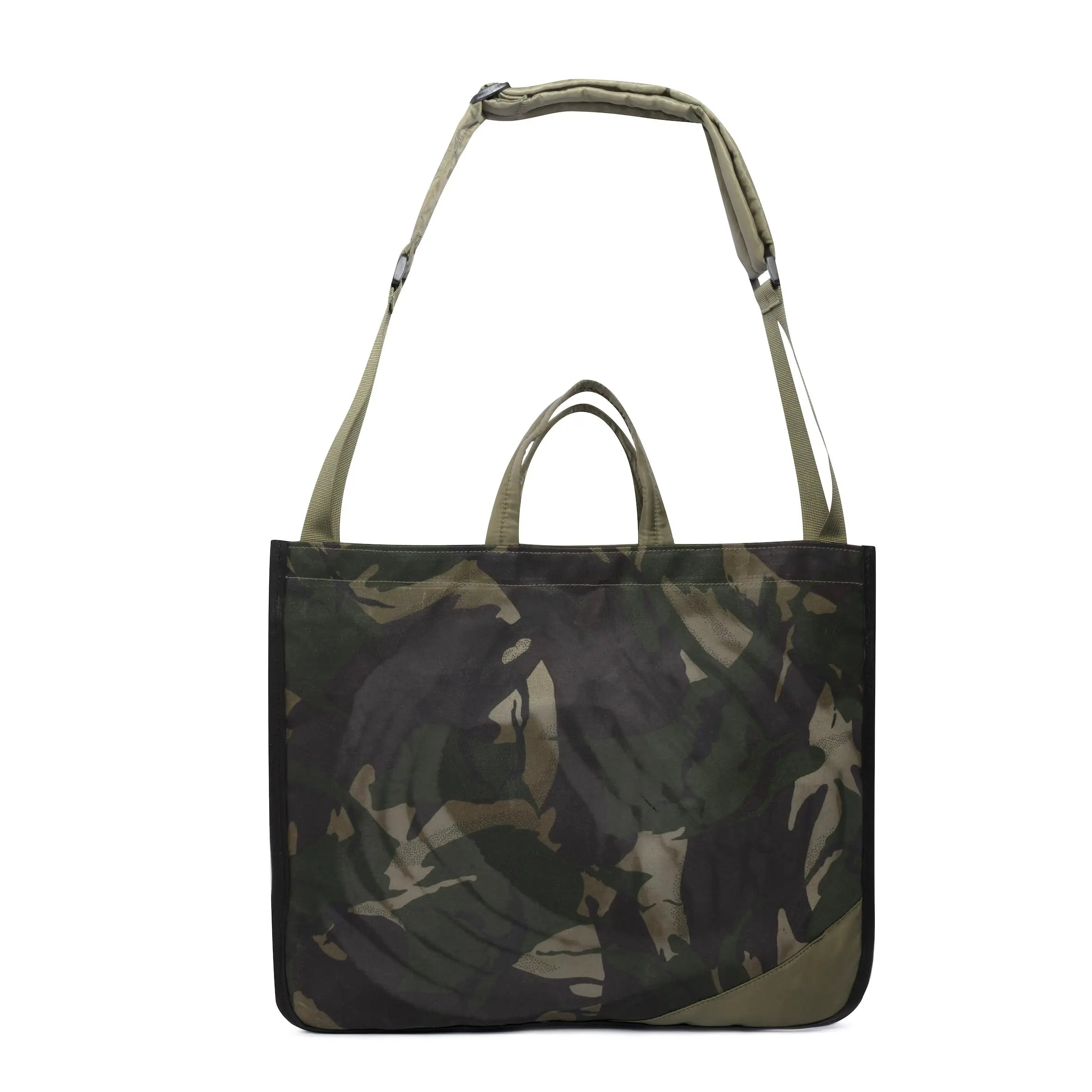 Olive and Camo medium size tote bag with strap on white background