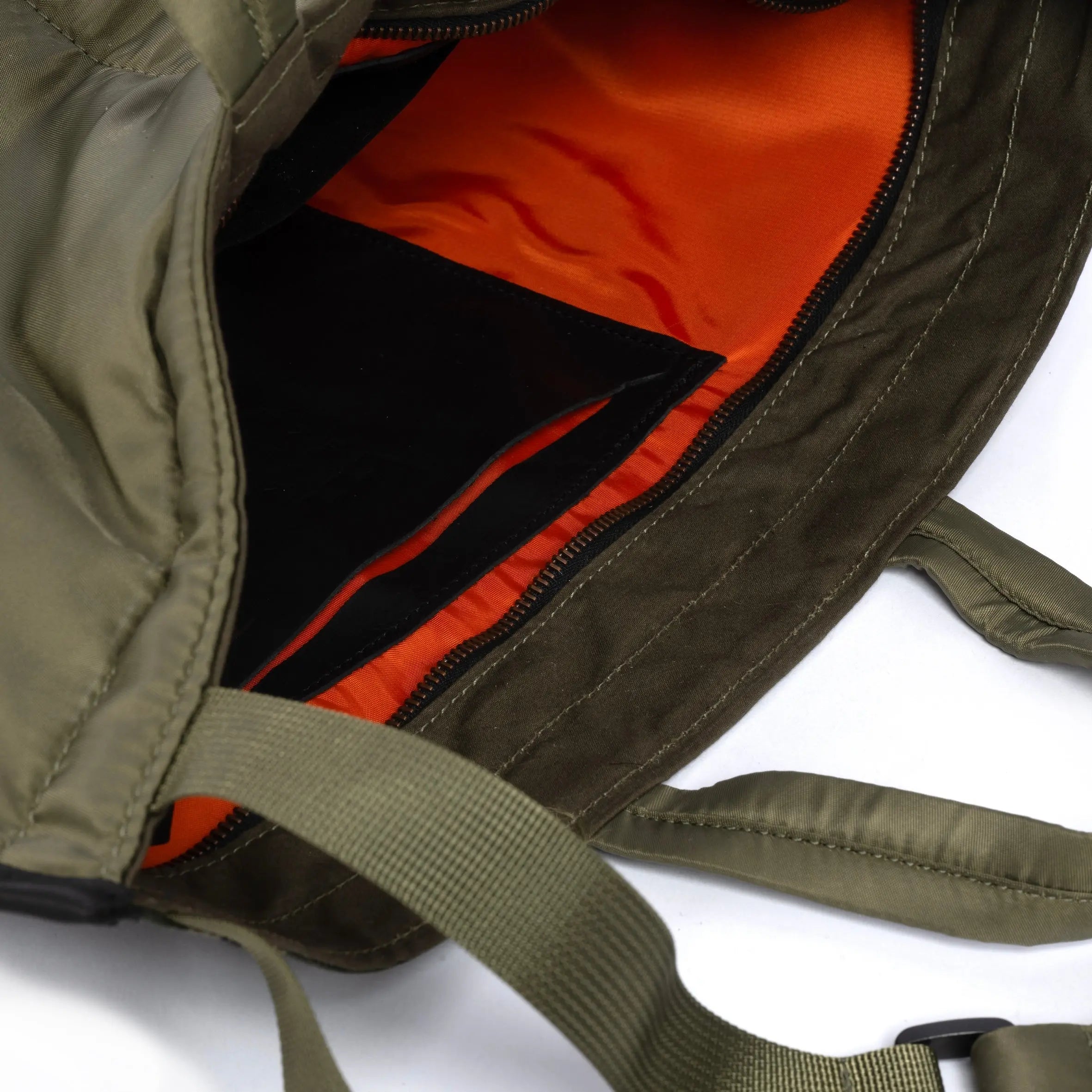 Olive and Camo medium size tote bag showing strap and internal detail on white background