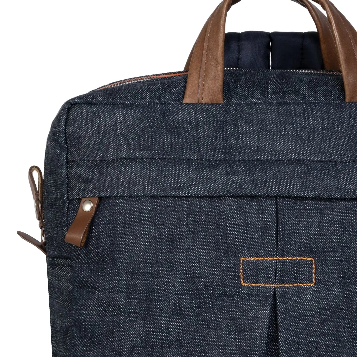 Dark denim backpack with brown leather straps on a white background