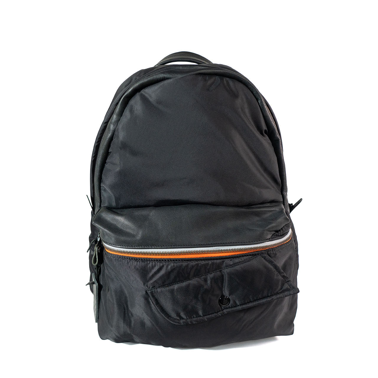 Black backpack with an orange zipper on a white background