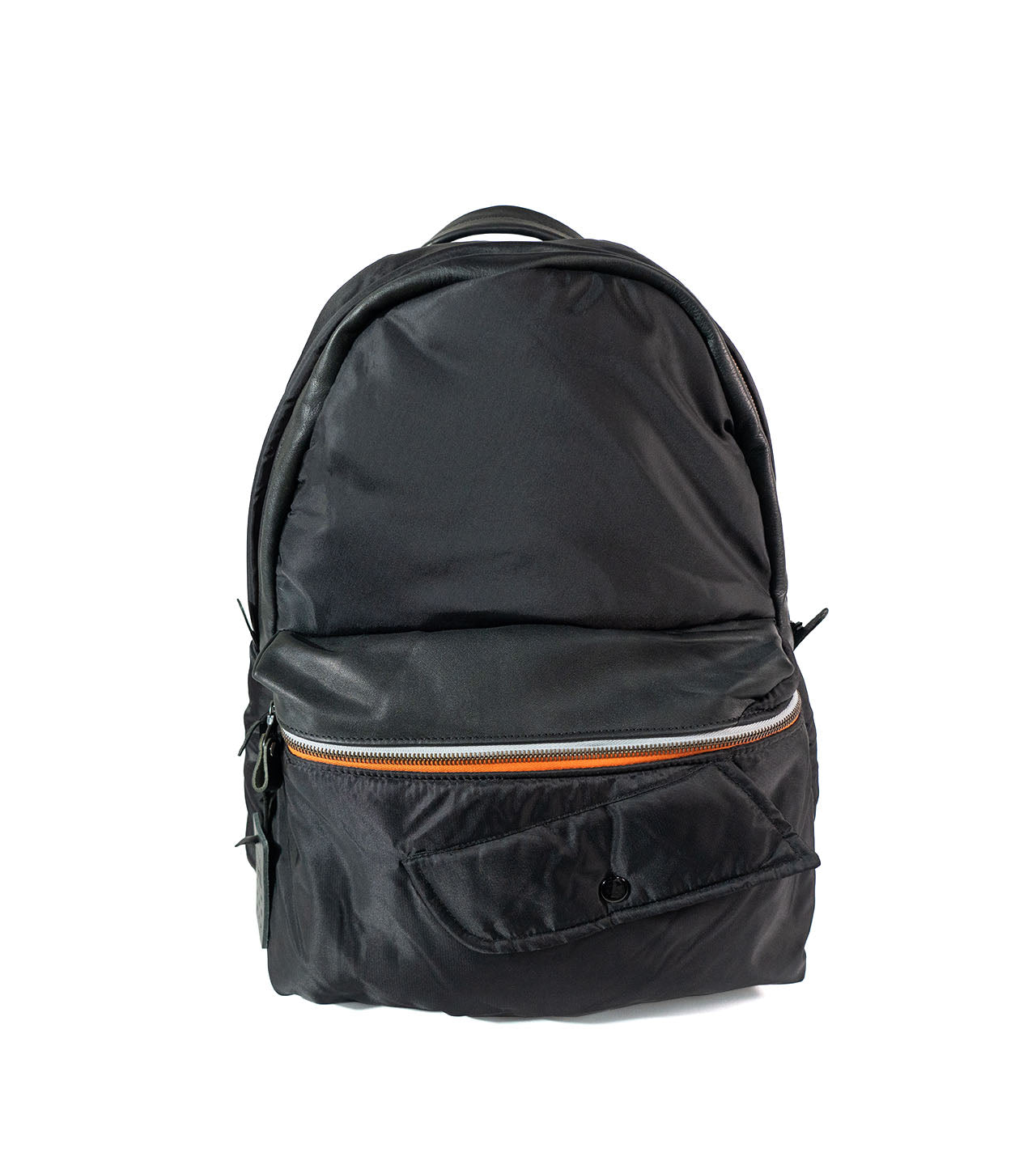 Black backpack with an orange zipper on a white background