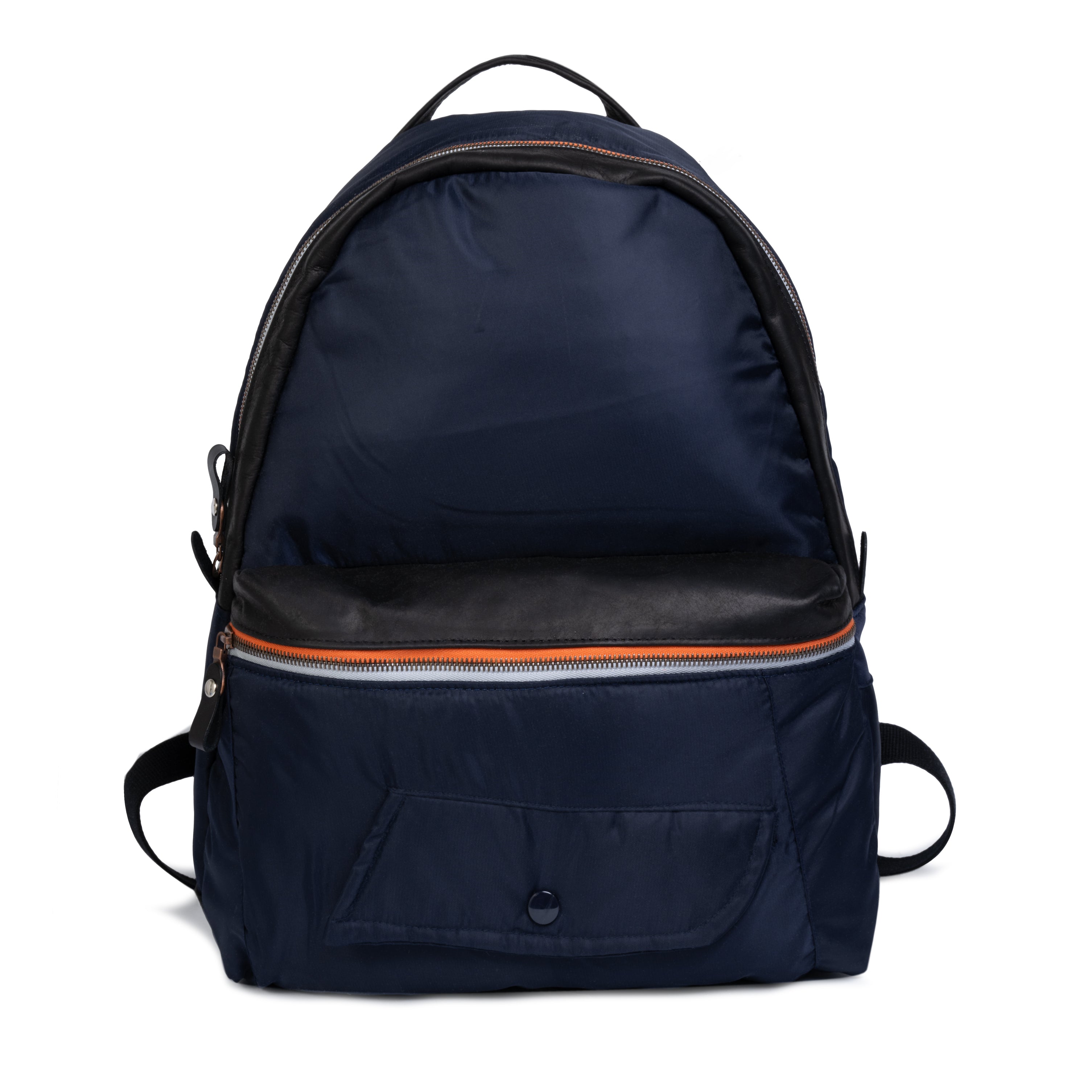 Navy blue backpack with an orange zipper and black accents on a white background
