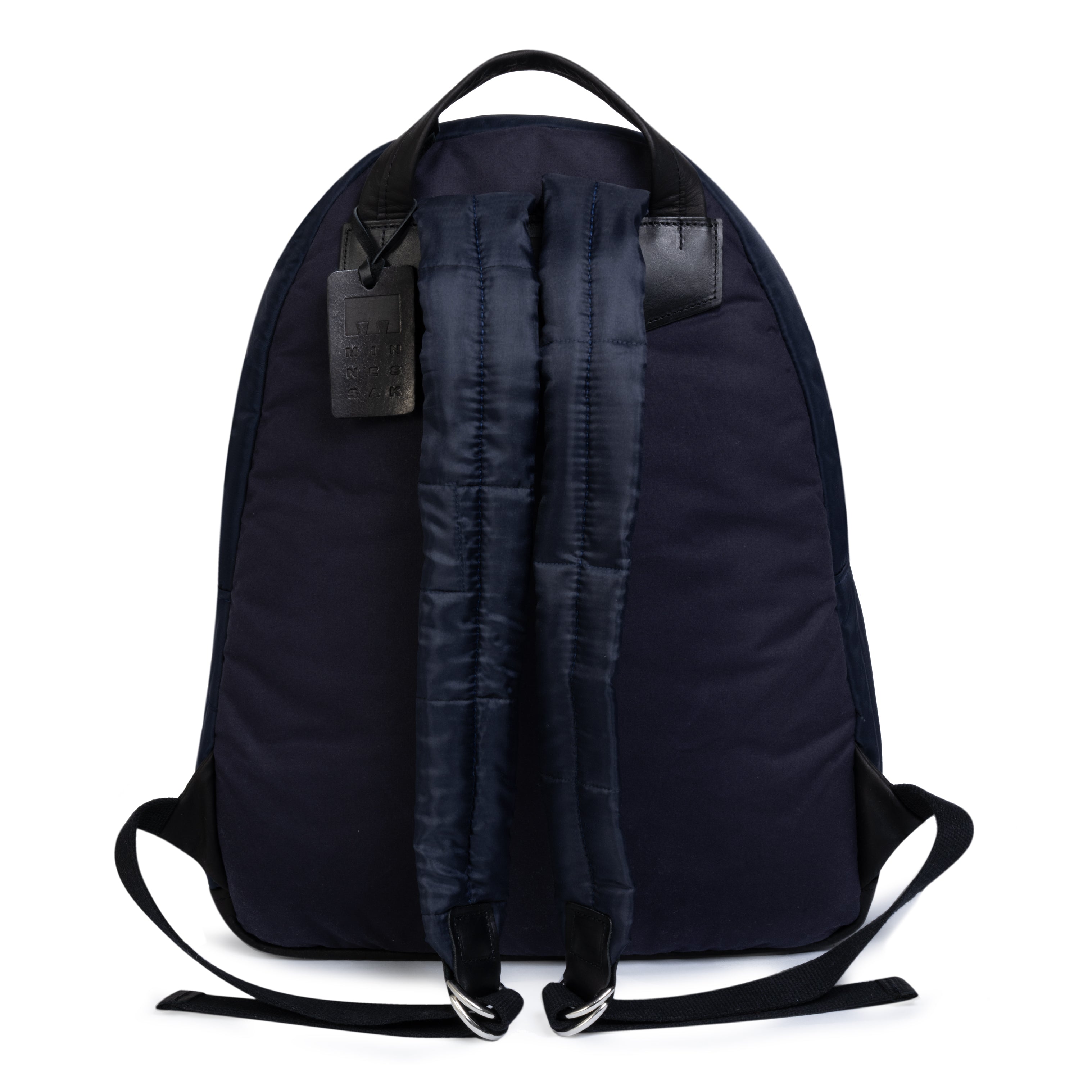 Navy blue backpack with drawstrings on a white background
