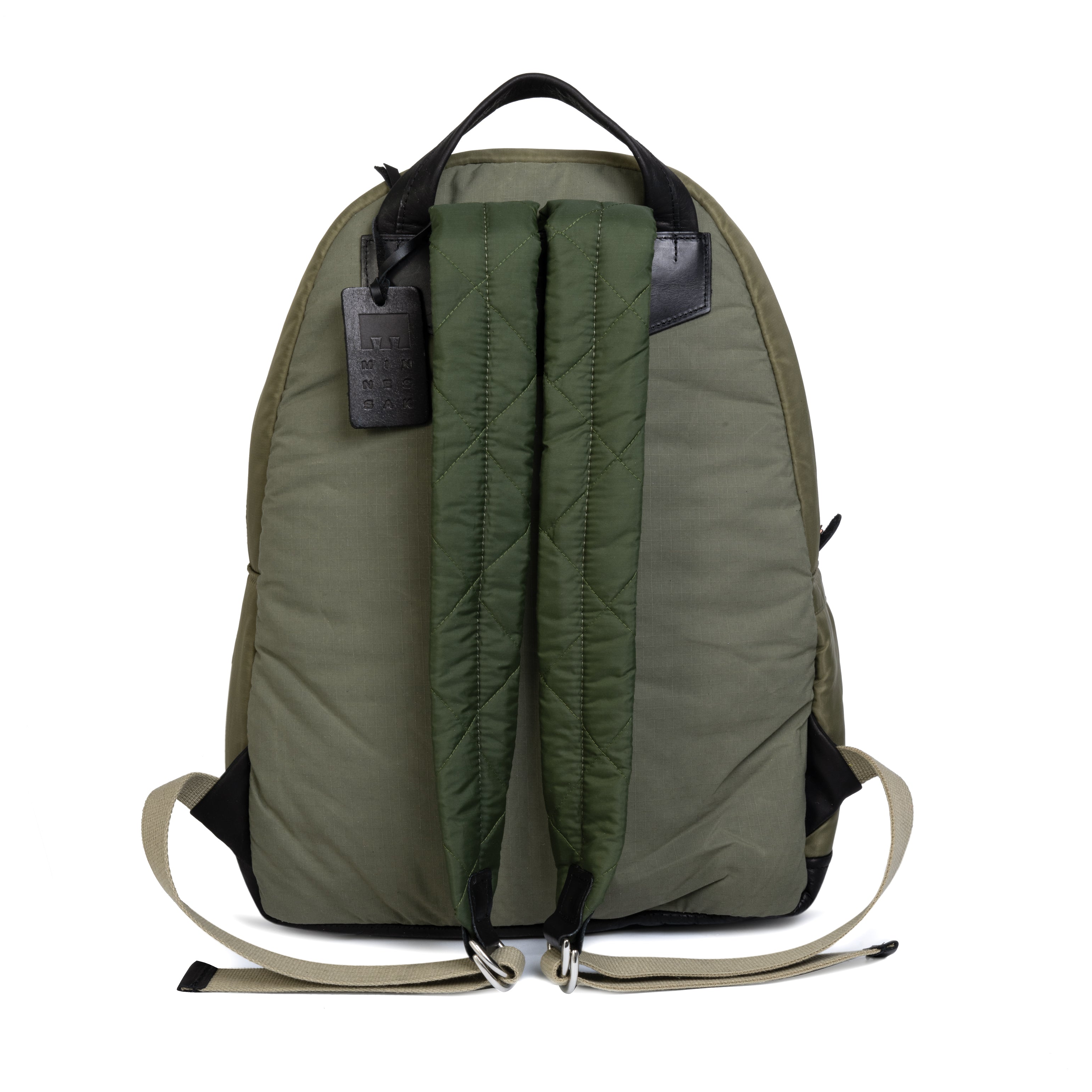 Olive backpack with a visible brand tag on a white background