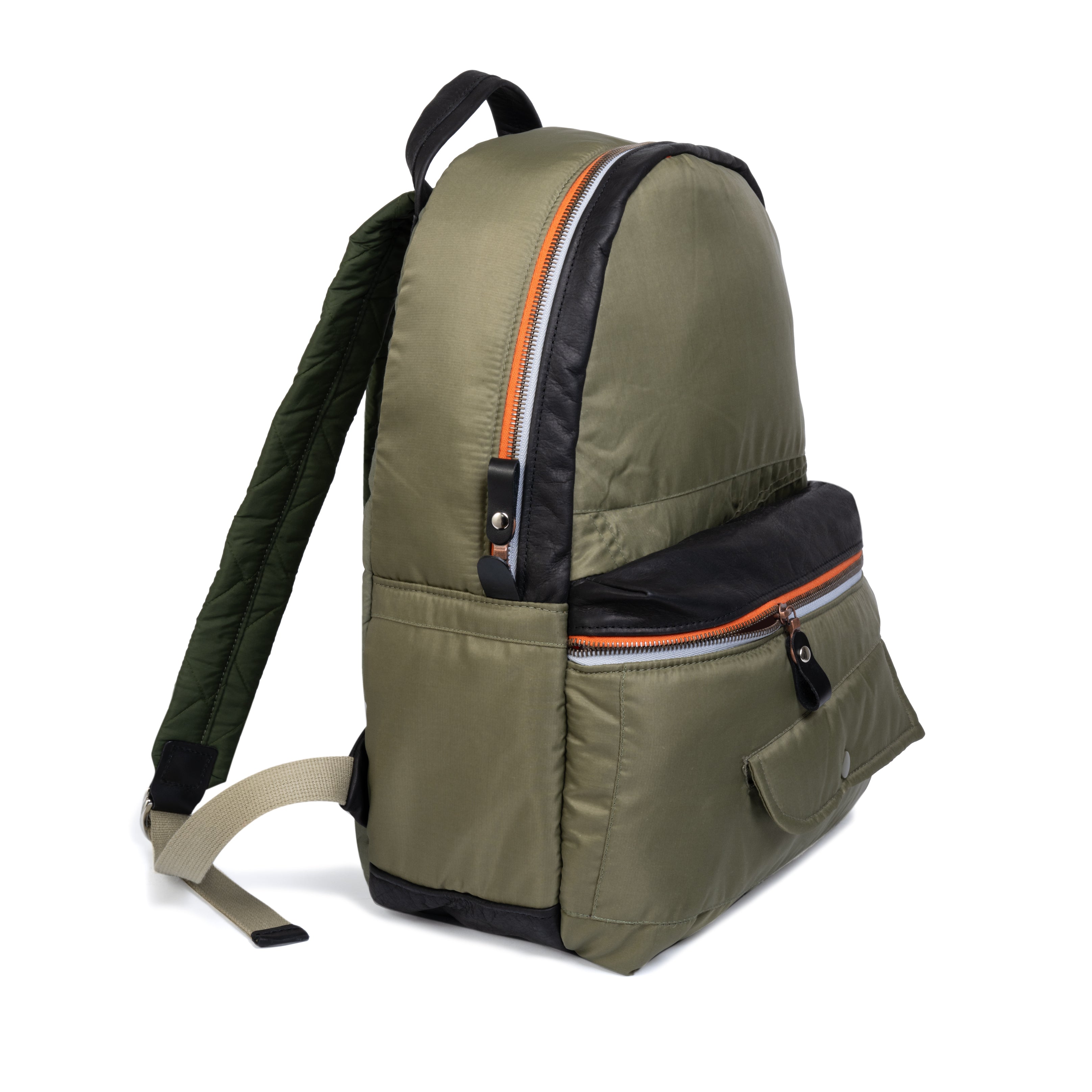 Olive backpack with black accents on a white background